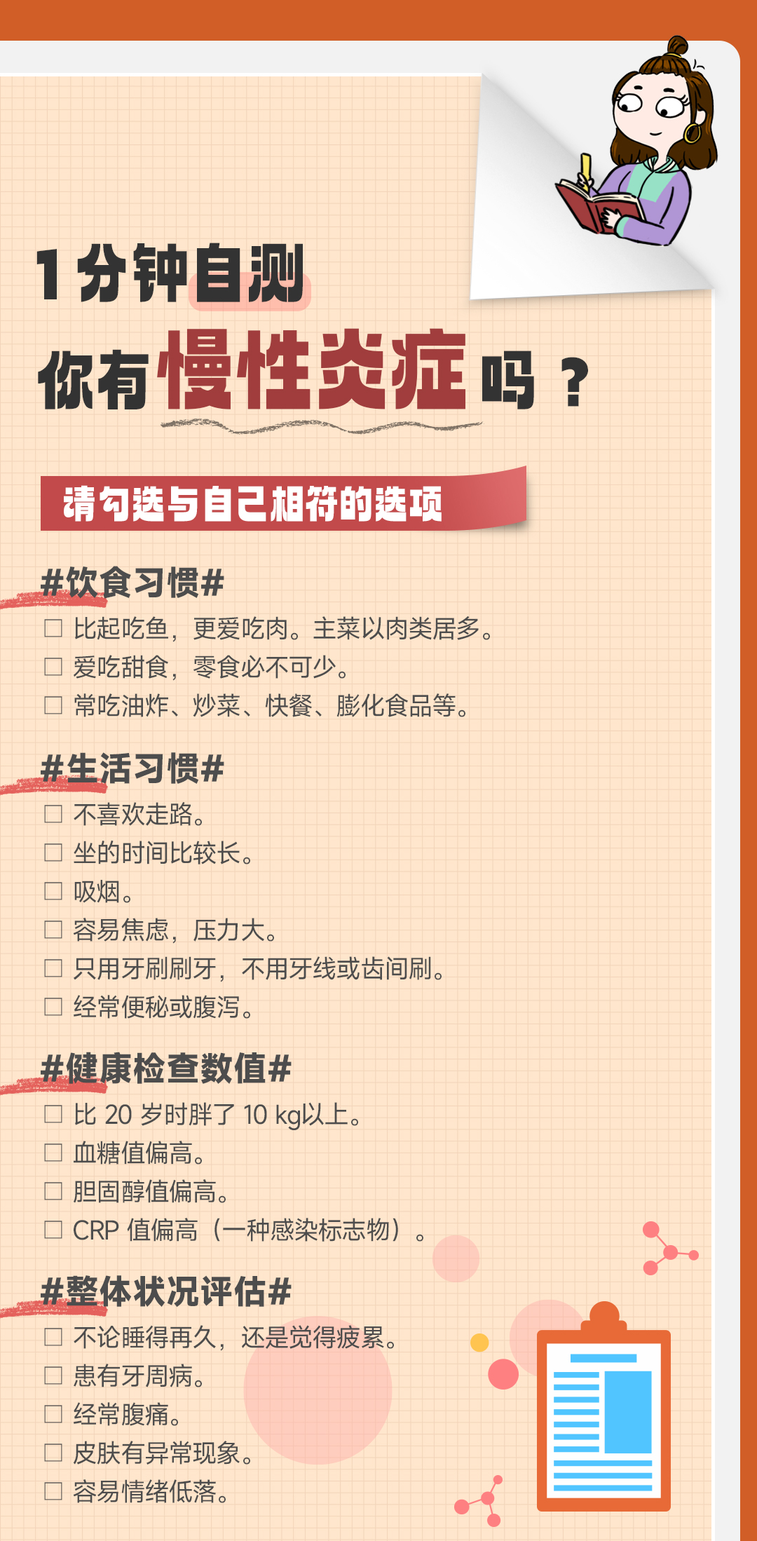 1分钟自测
 你有慢性炎症吗？
 请勾选与自己相符的选项
 #饮食习惯#
 比起吃鱼，更爱吃肉。主菜以肉类居多。
 爱吃甜食，零食必不可少。
 常吃油炸、炒菜、快餐、膨化食品等。
 #生活习惯#
 不喜欢走路。
 坐的时间比较长。
 吸烟。
 容易焦虑，压力大。
 只用牙刷刷牙，不用牙线或齿间刷。
 经常便秘或腹泻。
 #健康检查数值#
 比20岁时胖了10kg以上。
 血糖值偏高。
 胆固醇值偏高。
 CRP值偏高（一种感染标志物）。
 #整体状况评估#
 不论睡得再久，还是觉得疲累。
 患有牙周病。
 经常腹痛。
 皮肤有异常现象。
 容易情绪低落。