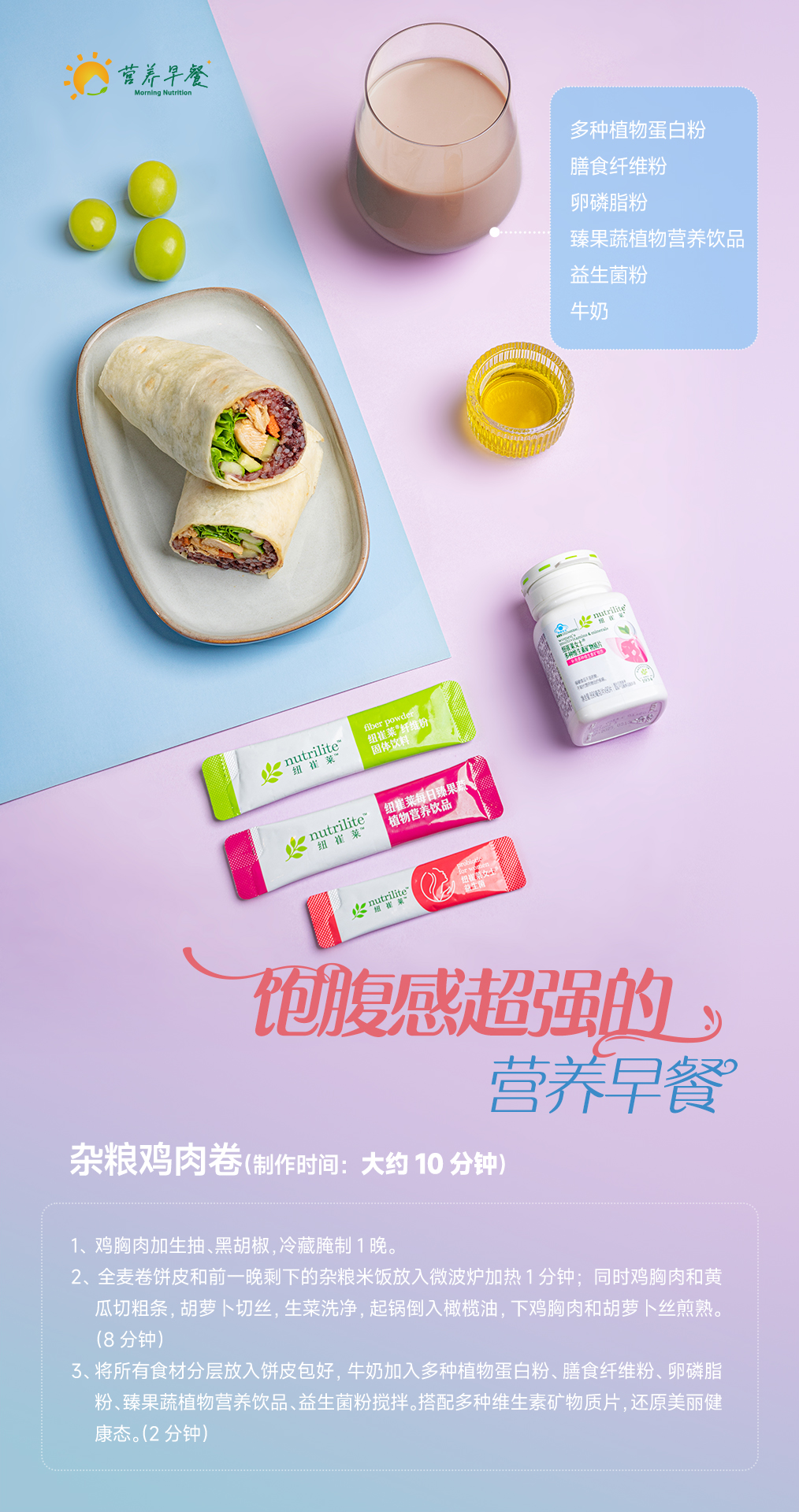 【我的早餐】19-杂粮鸡肉卷 营养早餐
多种植物蛋白粉
膳食纤维粉
卵磷脂粉
臻果蔬植物营养饮品
益生菌粉
牛奶
饱腹感超强的营养早餐
杂粮鸡肉卷(制作时间:大约 10 分钟)
制作步骤:
鸡胸肉加生抽、黑胡椒,冷藏腌制 1 晚。
全麦卷饼皮和前一天剩下的杂粮米饭放入微波炉加热 1 分钟;同时鸡胸肉和黄瓜切粗条,胡萝卜切丝,生菜洗净,起锅倒入橄榄油,下鸡胸肉和胡萝卜丝煎熟。(8 分钟)
将所有食材分层放入饼皮包好,牛奶加入多种植物蛋白粉、膳食纤维粉、卵磷脂粉、臻果蔬植物营养饮品、益生菌粉搅拌。搭配多种维生素矿物质片,还原美丽健康体态。(2 分钟)