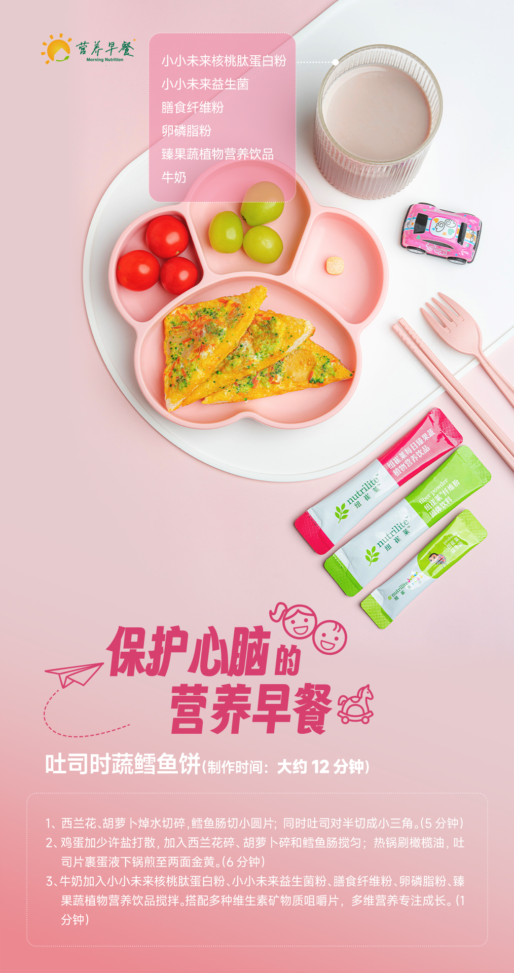 营养早餐
 小小未来核桃肽蛋白粉
 小小未来益生菌
 膳食纤维粉
 卵磷脂粉
 臻果蔬植物营养饮品
 牛奶
 保护心脑的营养早餐
 吐司时蔬鳕鱼饼（制作时间：大约12分钟）
 制作步骤：
 - 西兰花、胡萝卜焯水切碎，鳕鱼肠切小圆片；同时吐司对半切成小三角。（5分钟）
 - 鸡蛋加少许盐打散，加入西兰花碎、胡萝卜碎和鳕鱼肠搅匀；热锅刷橄榄油，吐司片裹蛋液下锅煎至两面金黄。（6分钟）
 - 牛奶加入小小未来核桃肽蛋白粉、小小未来益生菌粉、膳食纤维粉、卵磷脂粉、臻果蔬植物营养饮品搅拌。搭配多种维生素矿物质咀嚼片，多维营养专注成长。（1分钟）