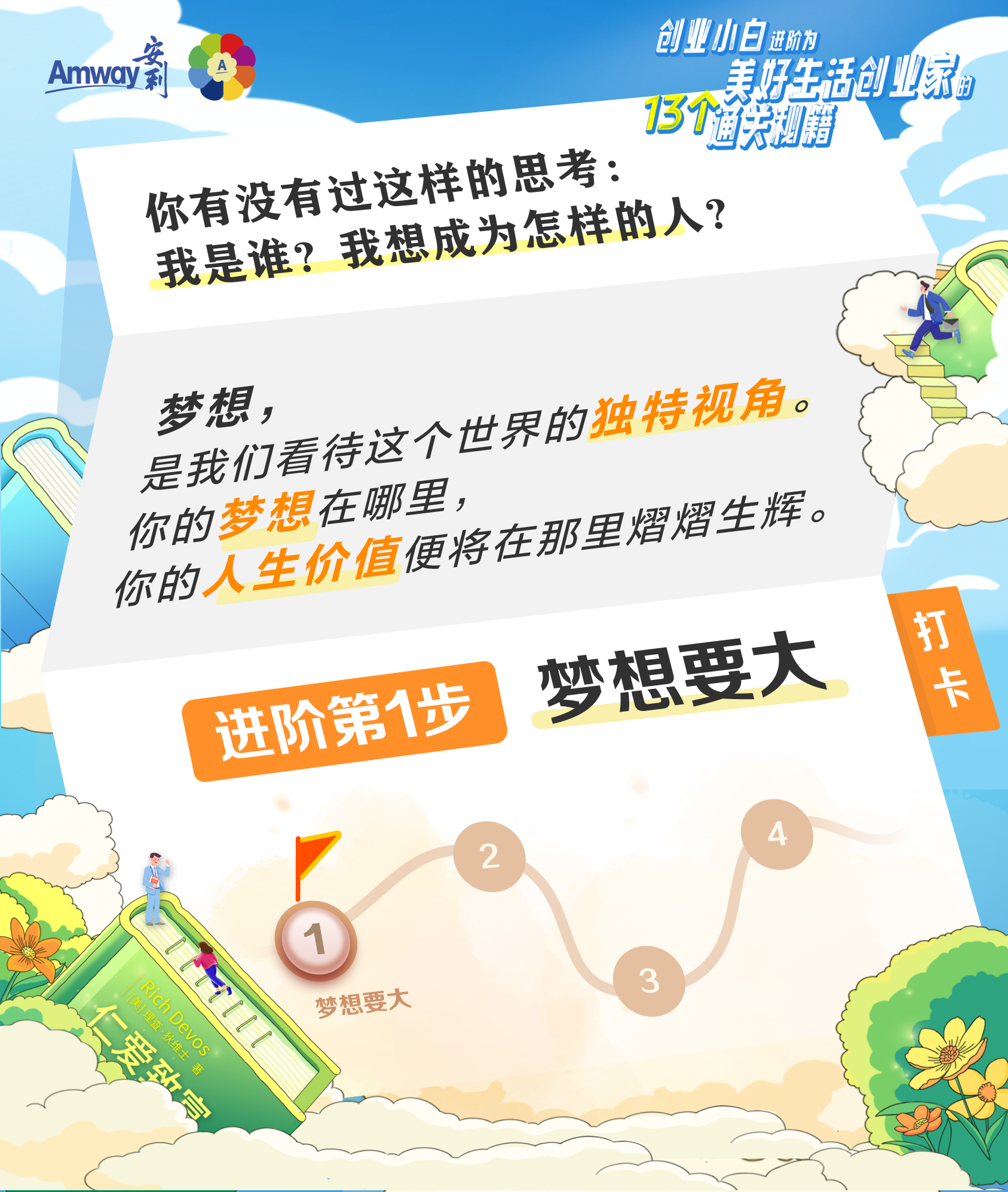Amway 安利
 创业小白进阶为美好生活创业家的
 13个通关秘籍
 你有没有过这样的思考：我是谁？我想成为怎样的人？
 梦想，是我们看待这个世界的独特视角。你的梦想在哪里，你的人生价值便将在那里熠熠生辉。
 进阶第1步
 梦想要大
 打卡