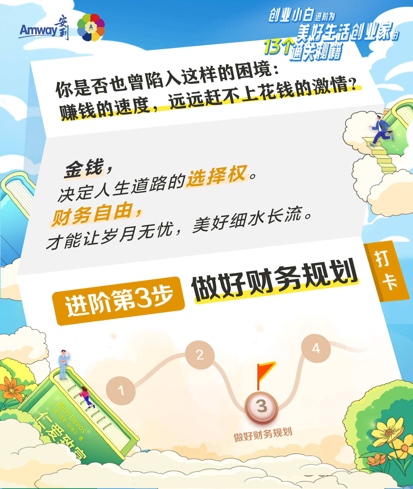 Amway 安利
 你是否也曾陷入这样的困境：赚钱的速度，远远赶不上花钱的激情？
 金钱，决定人生道路的选择权。财务自由，才能让岁月无忧，美好细水长流。
 进阶第3步 做好财务规划
 打卡
创业小白进阶为美好生活创业家的13个通关秘籍