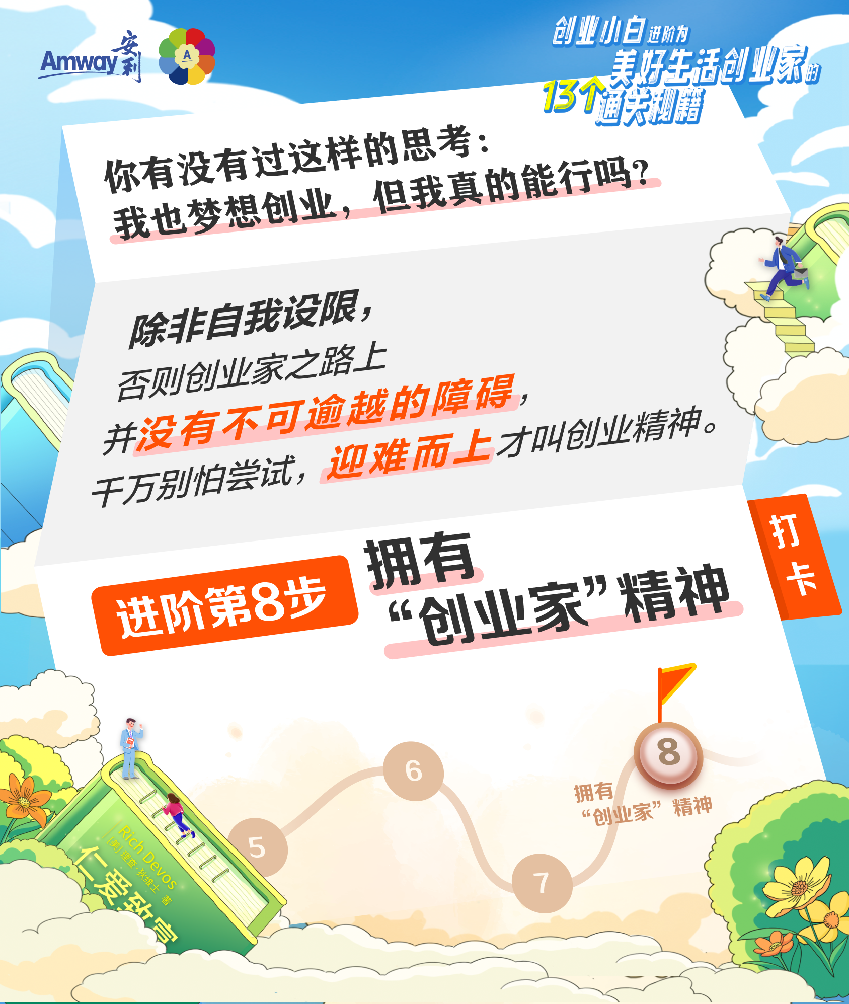 Amway 安利
 你有没有过这样的思考：我也梦想创业，但我真的能行吗？
 除非自我设限，否则创业家之路上并没有不可逾越的障碍，迎难而上才叫创业精神。
 进阶第8步 拥有“创业家”精神
 打卡
创业小白进阶为美好生活创业家的13个通关秘籍