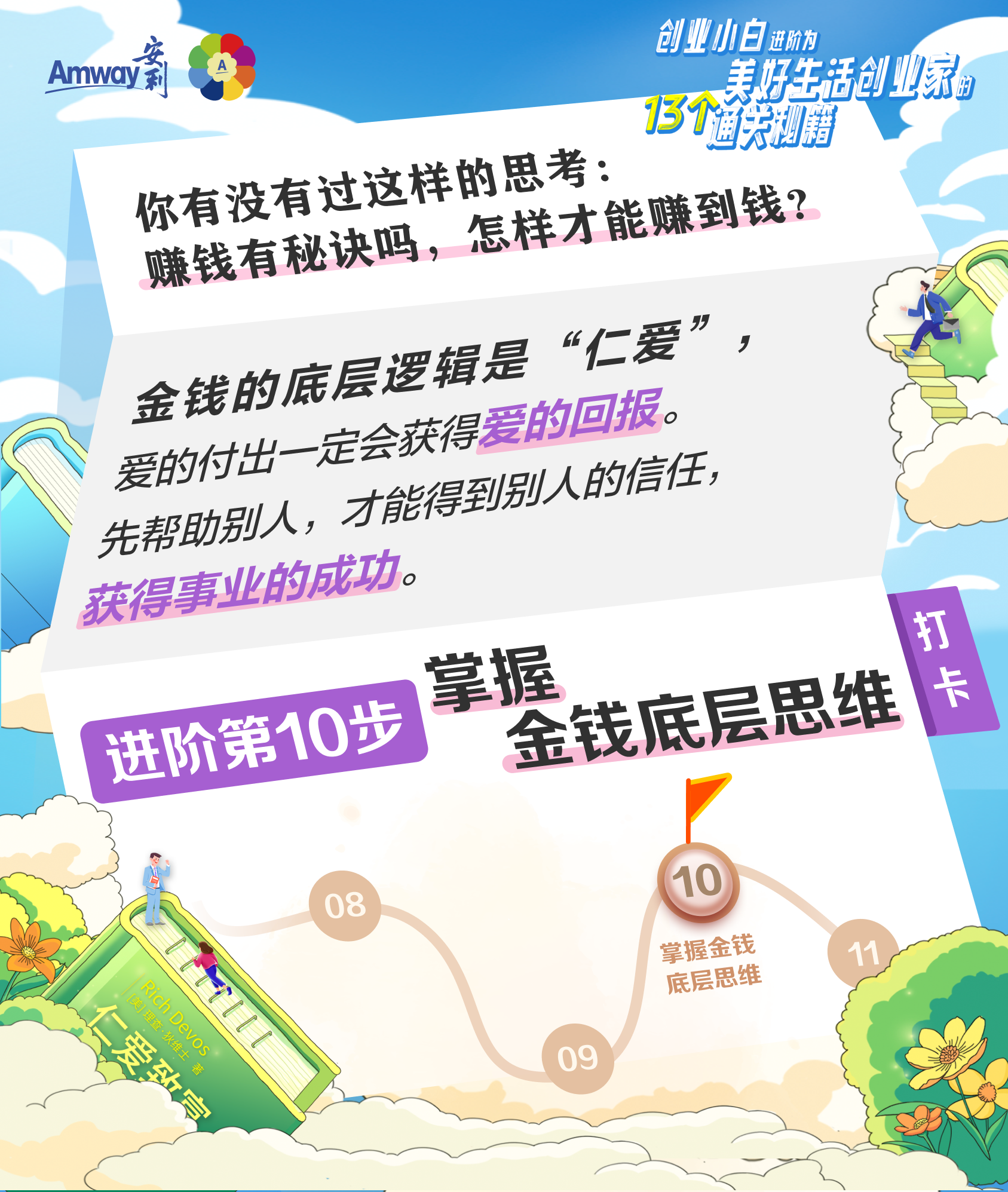 Amway 安利
 你有没有过这样的思考：赚钱有秘诀吗，怎样才能赚到钱？
 金钱的底层逻辑是“仁爱”，爱的付出一定会获得爱的回报。先帮助别人，才能得到别人的信任，获得事业的成功。
 进阶第10步 掌握金钱底层思维
创业小白进阶为美好生活创业家的13个通关秘籍