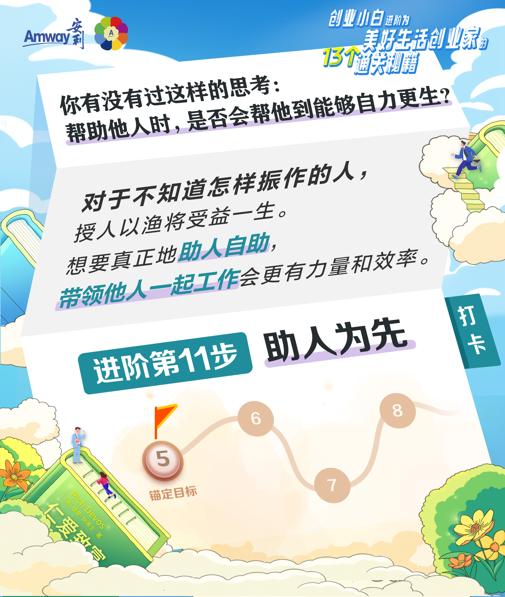 秘籍11:助人为先--打卡海报.png Amway 安利
创业小白进阶为美好生活创业家的13个通关秘籍
你有没有过这样的思考:帮助他人时,是否会帮他到能够自力更生?
对于不知道怎样振作的人,授人以渔将受益一生。
想要真正地助人自助,带领他人一起工作会更有力量和效率。
助人为先
进阶第11步
打卡
