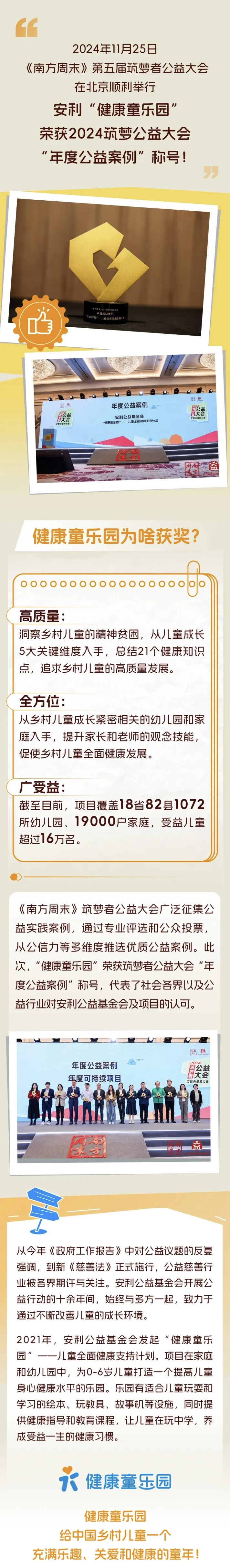 2024年11月25日
 《南方周末》第五届筑梦者公益大会在北京顺利举行
 安利“健康童乐园”荣获2024筑梦公益大会“年度公益案例”称号！
 健康童乐园为啥获奖？
 高质量：洞察乡村儿童的精神贫困，从儿童成长5大关键维度入手，总结21个健康知识点，追求乡村儿童的高质量发展。
 全方位：从乡村儿童成长紧密相关的幼儿园和家庭入手，提升家长和老师的观念技能，促使乡村儿童全面健康发展。
 广受益：截至目前，项目覆盖18省82县1072所幼儿园、19000户家庭，受益儿童超过16万名。
 《南方周末》筑梦者公益大会广泛征集公益实践案例，通过专业评选和公众投票，从公信力等多维度推选优质公益案例。此次，“健康童乐园”荣获筑梦者公益大会“年度公益案例”称号，代表了社会各界以及公益行业对安利公益基金会及项目的认可。
 从今年《政府工作报告》中对公益议题的反复强调，到新《慈善法》正式施行，公益慈善行业被各界期许与关注。安利公益基金会开展公益行动的十余年间，始终与多方一起，致力于通过不断改善儿童的成长环境。
 2021年，安利公益基金会发起“健康童乐园”——儿童全面健康支持计划。项目在家庭和幼儿园中，为0-6岁儿童打造一个提高儿童身心健康的乐园。乐园有适合儿童玩耍和学习的绘本、玩教具、故事机等设施，同时提供健康指导和教育课程，让儿童在玩中学，养成受益一生的健康习惯。
 健康童乐园
 给中国乡村儿童一个充满乐趣、关爱和健康的童年！