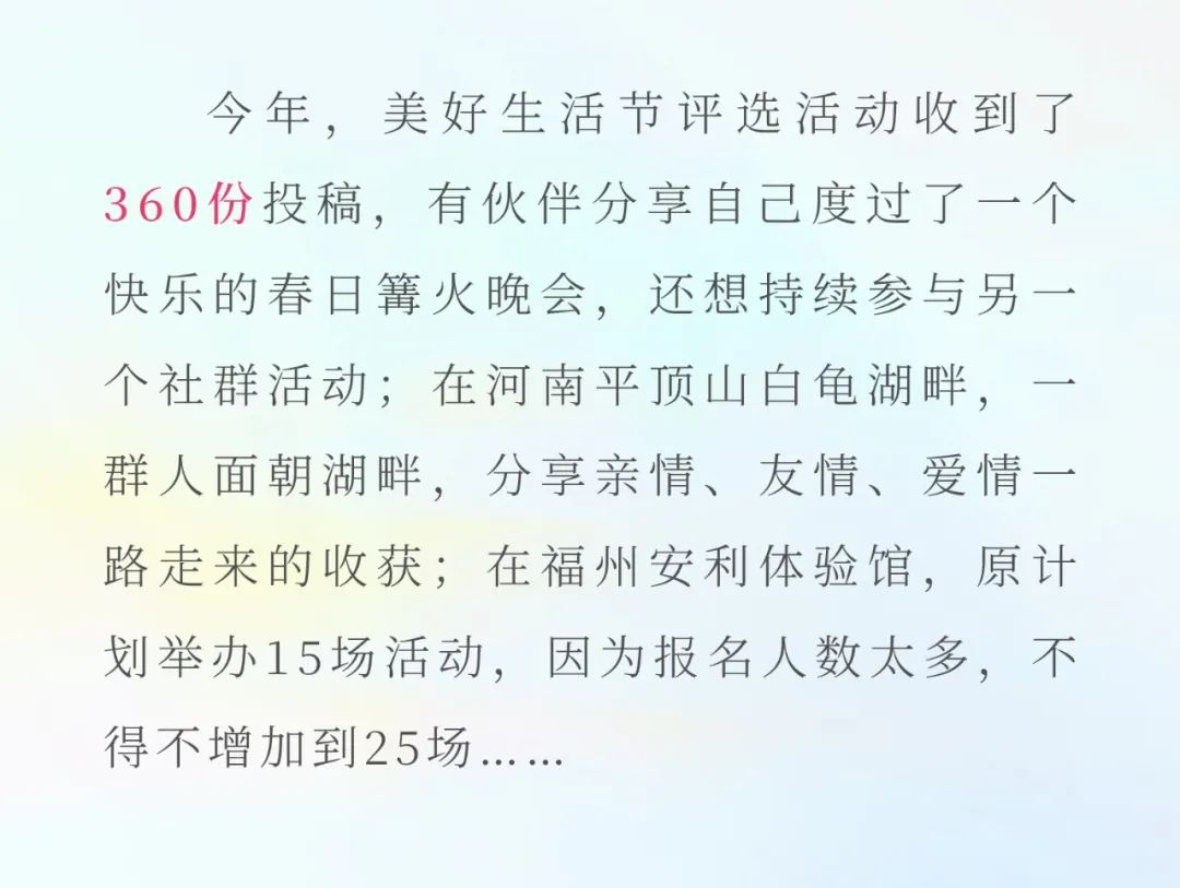 今年，美好生活节评选活动收到了360份投稿，有伙伴分享自己度过了一个快乐的春日篝火晚会，还想持续参与另一个社群活动；在河南平顶山白龟湖畔，一群人面朝湖畔，分享亲情、友情、爱情一路走来的收获；在福州安利体验馆，原计划举办15场活动，因为报名人数太多，不得不增加到25场……