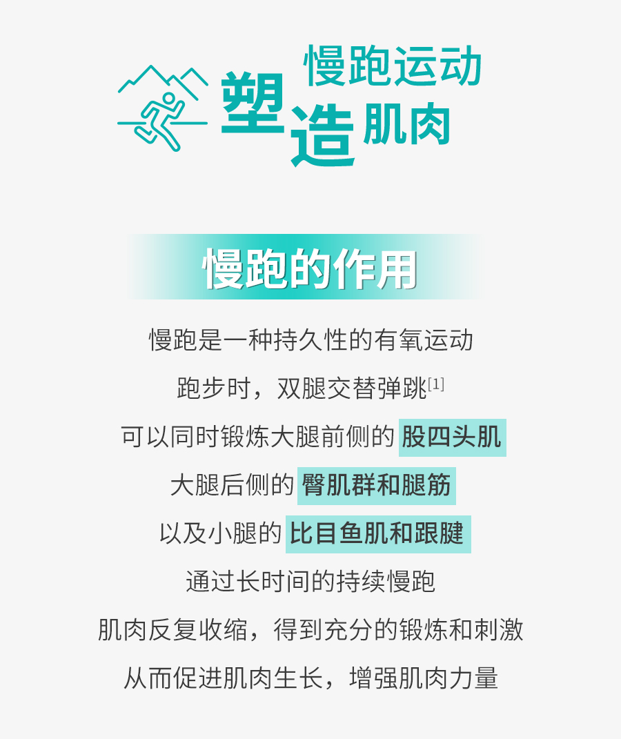 慢跑运动
 塑造肌肉
 慢跑的作用
 慢跑是一种持久性的有氧运动
 跑步时，双腿交替弹跳[1]
 可以同时锻炼大腿前侧的股四头肌
 大腿后侧的臀肌群和腿筋
 以及小腿的比目鱼肌和跟腱
 通过长时间的持续慢跑
 肌肉反复收缩，得到充分的锻炼和刺激
 从而促进肌肉生长，增强肌肉力量
