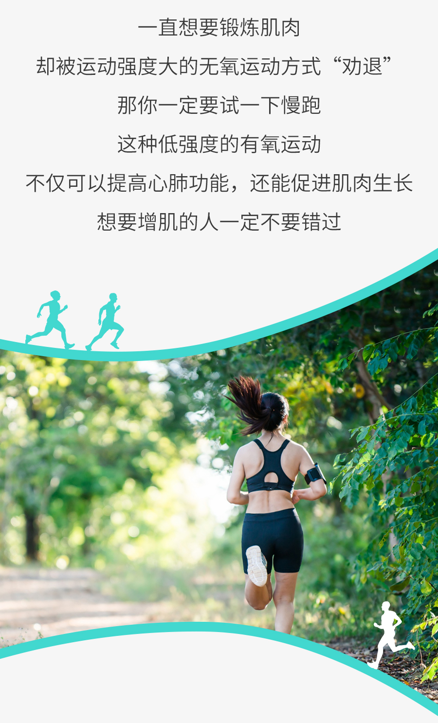 一直想要锻炼肌肉
 却被运动强度大的无氧运动方式“劝退”
 那你一定要试一下慢跑
 这种低强度的有氧运动
 不仅可以提高心肺功能，还能促进肌肉生长
 想要增肌的人一定不要错过