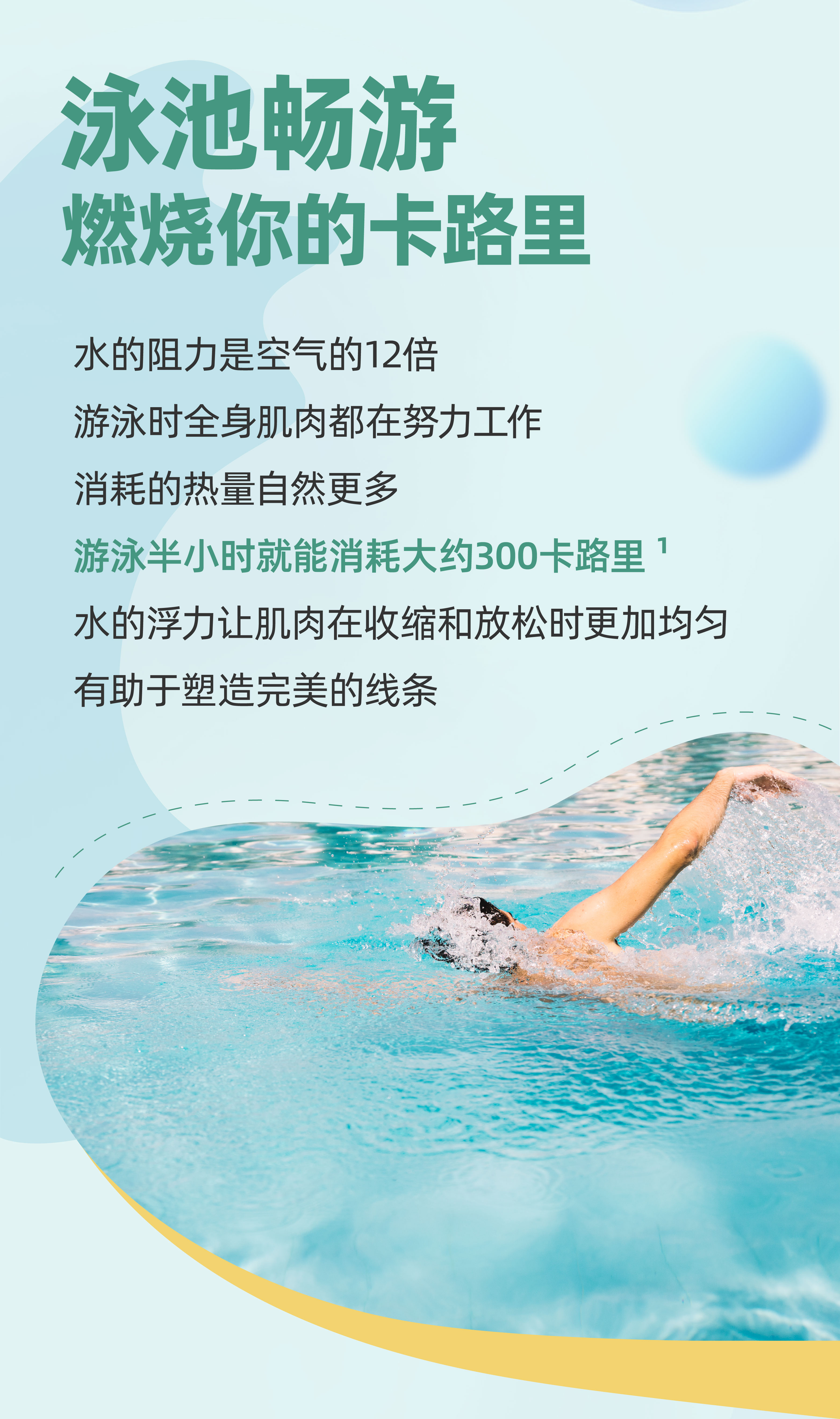 泳池畅游
 燃烧你的卡路里
 水的阻力是空气的12倍
 游泳时全身肌肉都在努力工作
 消耗的热量自然更多
 游泳半小时就能消耗大约300卡路里¹
 水的浮力让肌肉在收缩和放松时更加均匀
 有助于塑造完美的线条