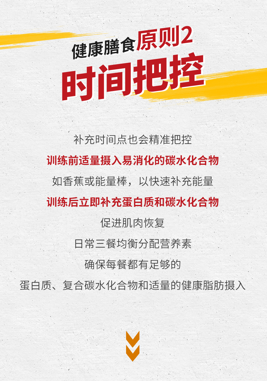 健康膳食原则2
 时间把控
 补充时间点也会精准把控
 训练前适量摄入易消化的碳水化合物
 如香蕉或能量棒，以快速补充能量
 训练后立即补充蛋白质和碳水化合物
 促进肌肉恢复
 日常三餐均衡分配营养素
 确保每餐都有足够的蛋白质、复合碳水化合物和适量的健康脂肪摄入