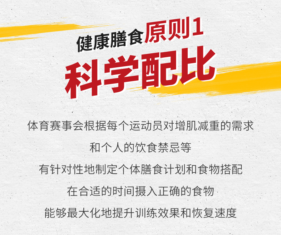 健康膳食原则1
 科学配比
 体育赛事会根据每个运动员对增肌减重的需求和个人的饮食禁忌等
 有针对性地制定个体膳食计划和食物搭配
 在合适的时间摄入正确的食物
 能够最大化地提升训练效果和恢复速度