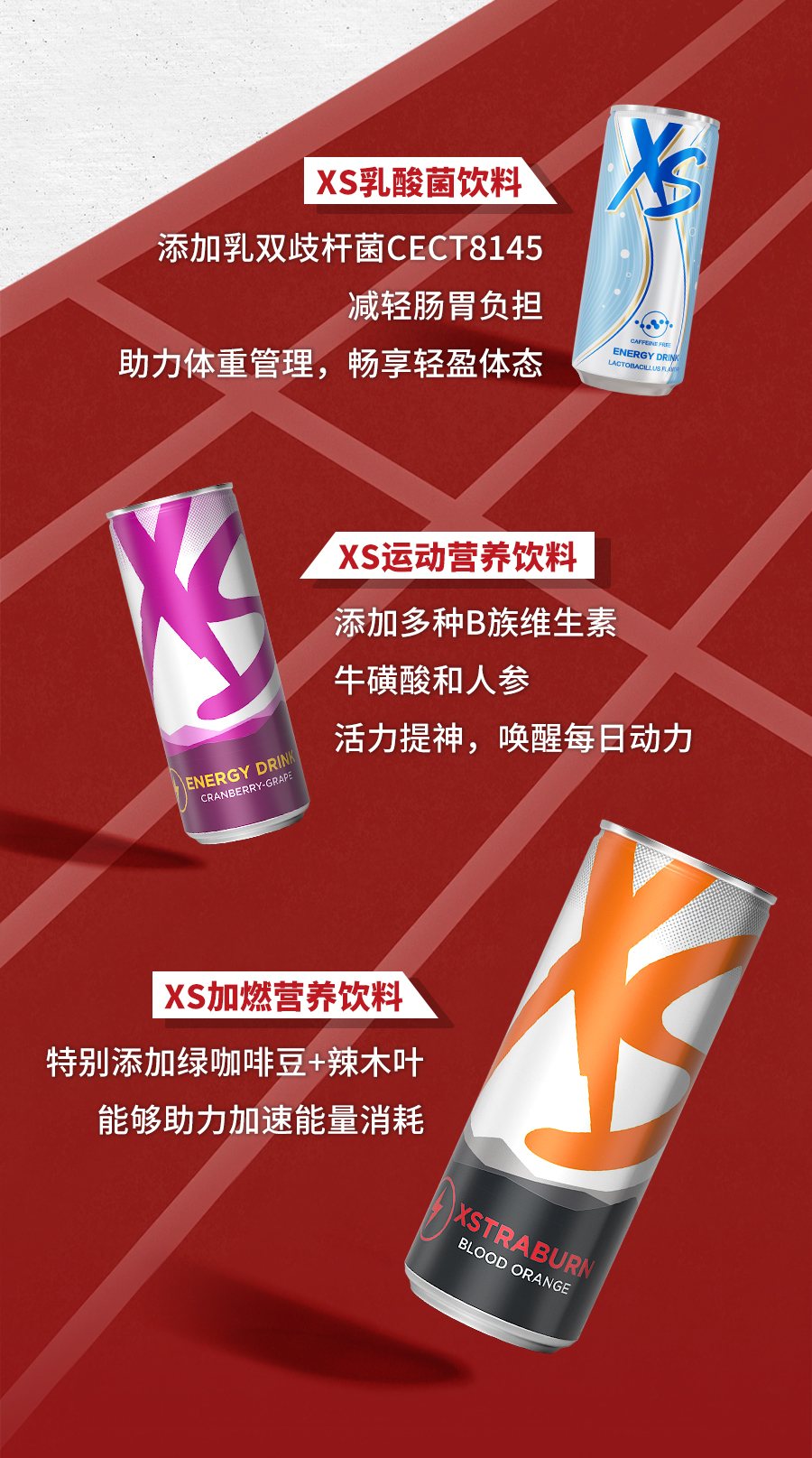 XS乳酸菌饮料
 添加乳双歧杆菌CECT8145
 减轻肠胃负担
 助力体重管理，畅享轻盈体态
 XS运动营养饮料
 添加多种B族维生素
 牛磺酸和人参
 活力提神，唤醒每日动力
 XS加燃营养饮料
 特别添加绿咖啡豆+辣木叶
 能够助力加速能量消耗