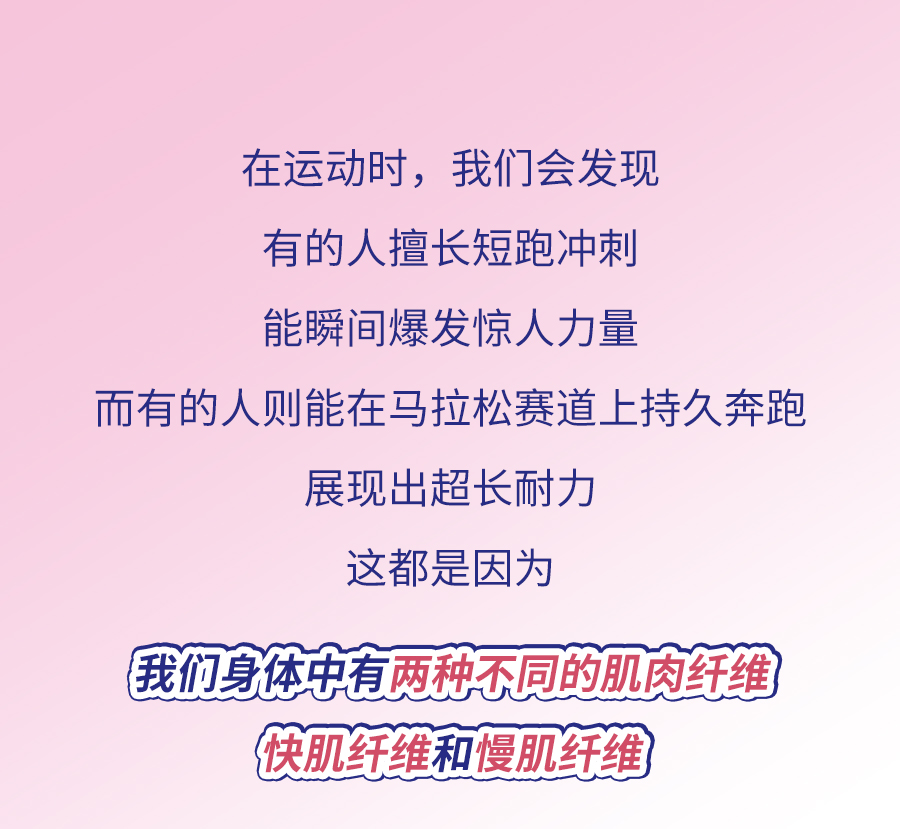 在运动时，我们会发现
 有的人擅长短跑冲刺
 能瞬间爆发惊人力量
 而有的人则能在马拉松赛道上持久奔跑
 展现出超长耐力
 这都是因为
 我们身体中有两种不同的肌肉纤维
 快肌纤维和慢肌纤维