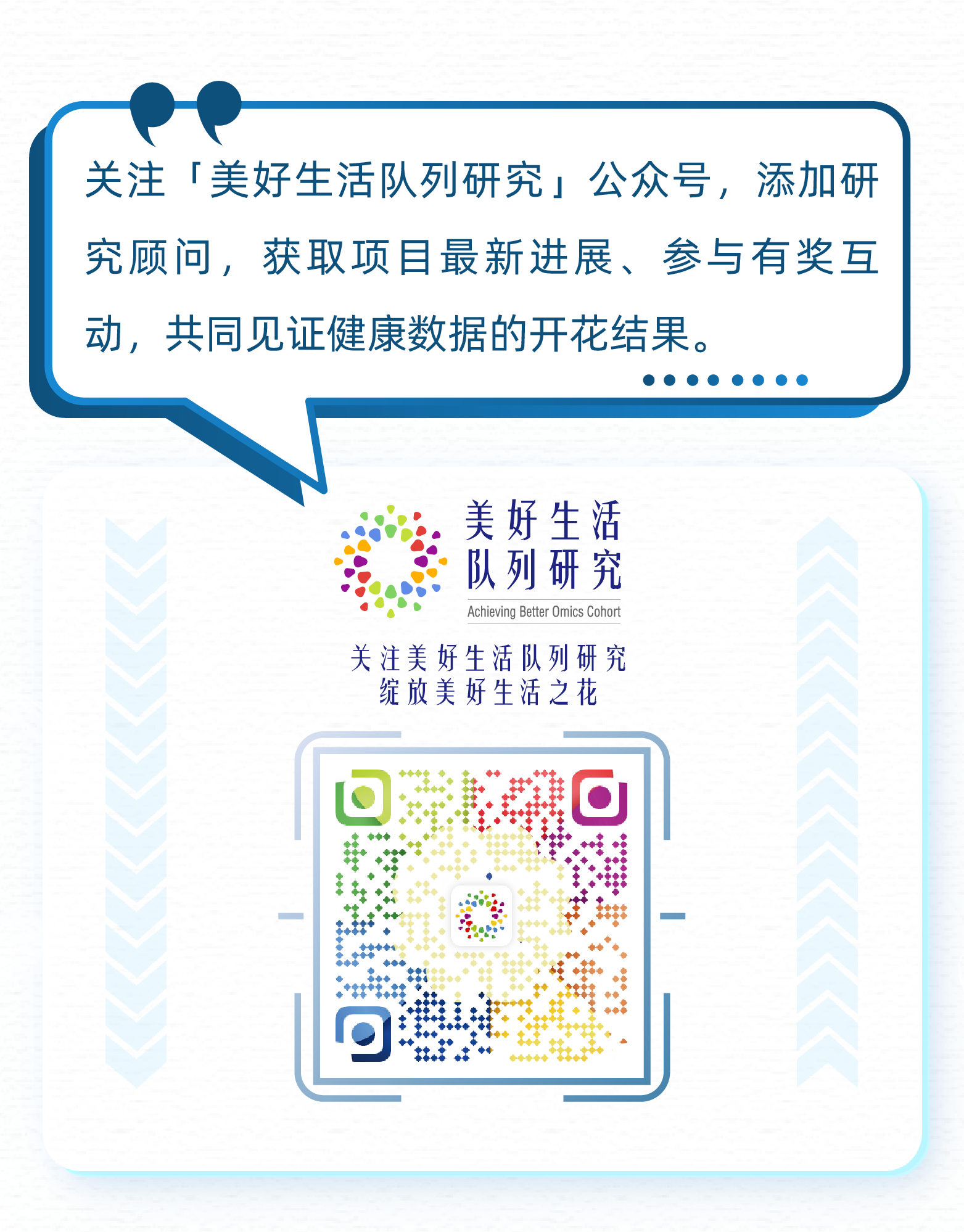 关注「美好生活队列研究」公众号，添加研究顾问，获取项目最新进展、参与有奖互动，共同见证健康数据的开花结果。
 美好生活队列研究
 Achieving Better Omics Cohort
 关注美好生活队列研究 绽放美好生活之花