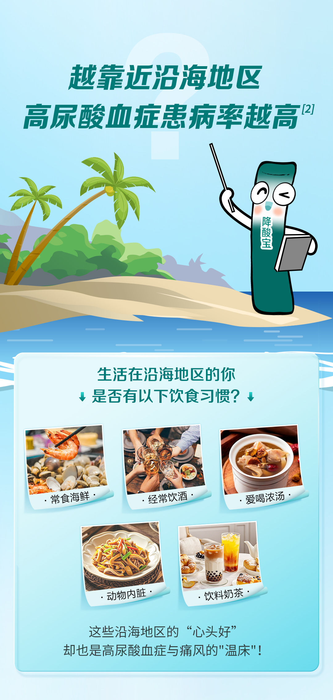 越靠近沿海地区
 高尿酸血症患病率越高
 [2]
降酸宝
 生活在沿海地区的你
 ↓是否有以下饮食习惯?↓
 ·常食海鲜·
 ·经常饮酒·
 ·爱喝浓汤·
 ·动物内脏·
 ·饮料奶茶·
 这些沿海地区的“心头好”
 却也是高尿酸血症与痛风的“温床”!