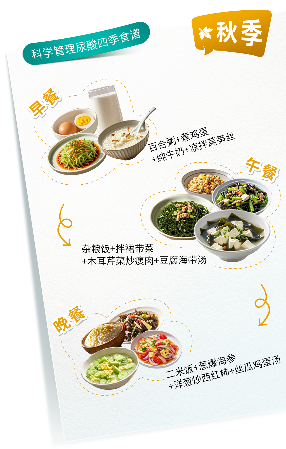 科学管理尿酸四季食谱
 秋季
 早餐 百合粥+煮鸡蛋
 +纯牛奶+凉拌莴笋丝
 午餐 杂粮饭+拌裙带菜
 +木耳芹菜炒瘦肉+豆腐海带汤
 晚餐 二米饭+葱爆海参
 +洋葱炒西红柿+丝瓜鸡蛋汤