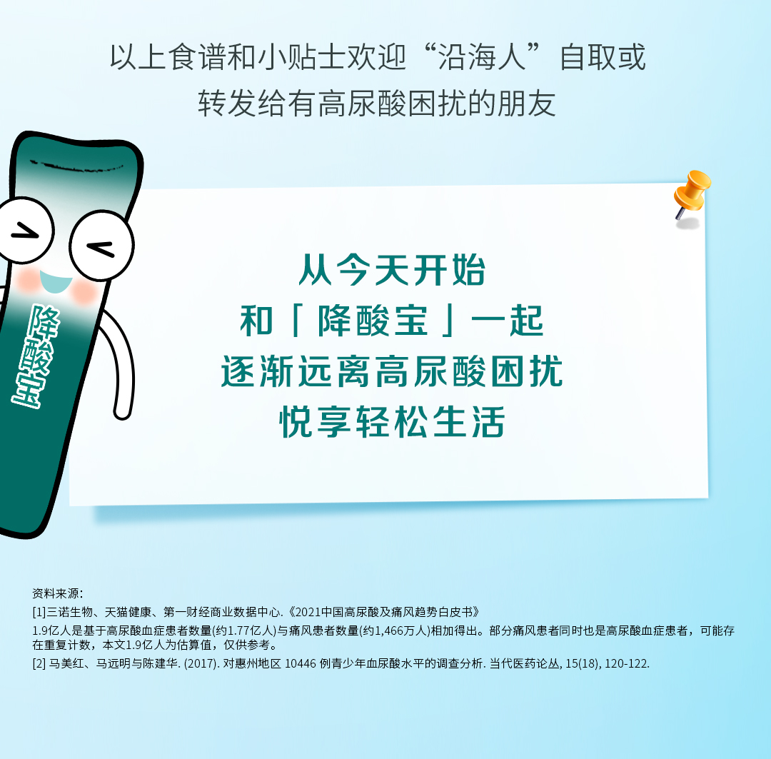 以上食谱和小贴士欢迎“沿海人”自取或转发给有高尿酸困扰的朋友
 从今天开始
 和【降酸宝】一起
 逐渐远离高尿酸困扰
 悦享轻松生活
 资料来源:
 [1]三诺生物、天猫健康、第一财经商业数据中心.《2021中国高尿酸及痛风趋势白皮书》
9亿人是基于高尿酸血症患者数量(约1.77亿人)与痛风患者数量(约1,466万人)相加得出。
部分痛风患者同时也是高尿酸血症患者,可能存在重复计数,本文1.9亿人为估算值,仅供参考。
 [2]马美红、马远明与陈建华.(2017).对惠州地区10446例青少年血尿酸水平的调查分析.当代医药论丛,15(18),120-122.