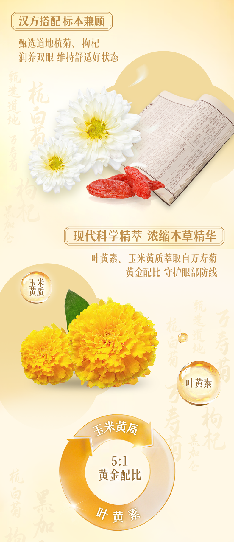 汉方搭配 标本兼顾
 甄选道地杭菊、枸杞
 润养双眼 维持舒适好状态
 现代科学精萃 浓缩本草精华
 叶黄素、玉米黄质萃取自万寿菊
 黄金配比 守护眼部防线
 玉米黄质
 叶黄素
 玉米黄质
 5:1 黄金配比
 叶黄素