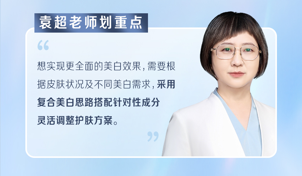 袁超老师划重点
 “想实现更全面的美白效果，需要根据皮肤状况及不同美白需求，采用复合美白思路搭配针对性成分灵活调整护肤方案。”