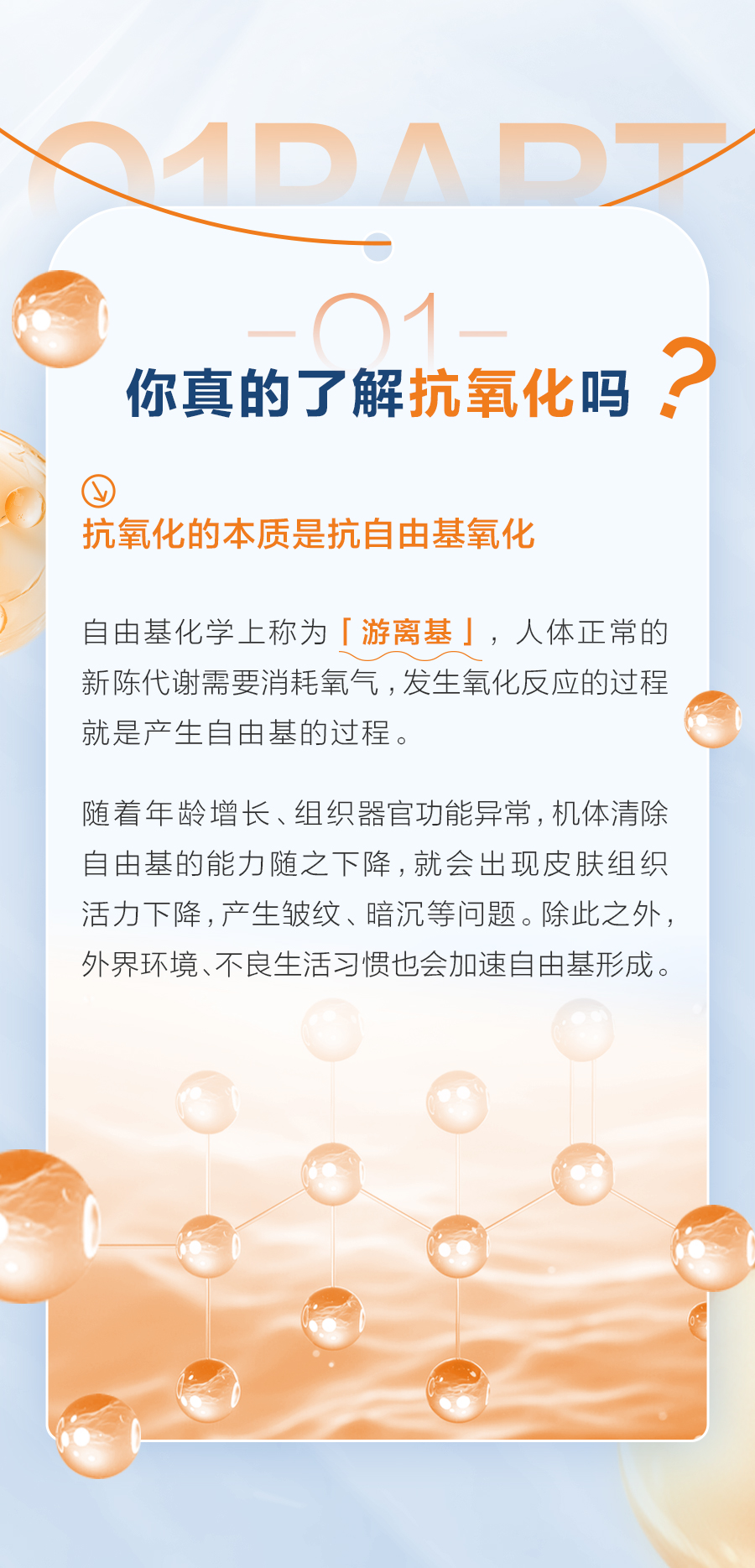01 PART
 01 你真的了解抗氧化吗？
 抗氧化的本质是抗自由基氧化
 自由基化学上称为「游离基」，人体正常的新陈代谢需要消耗氧气，发生氧化反应的过程就是产生自由基的过程。
 随着年龄增长、组织器官功能异常，机体清除自由基的能力随之下降，就会出现皮肤组织活力下降，产生皱纹、暗沉等问题。除此之外，外界环境、不良生活习惯也会加速自由基形成。