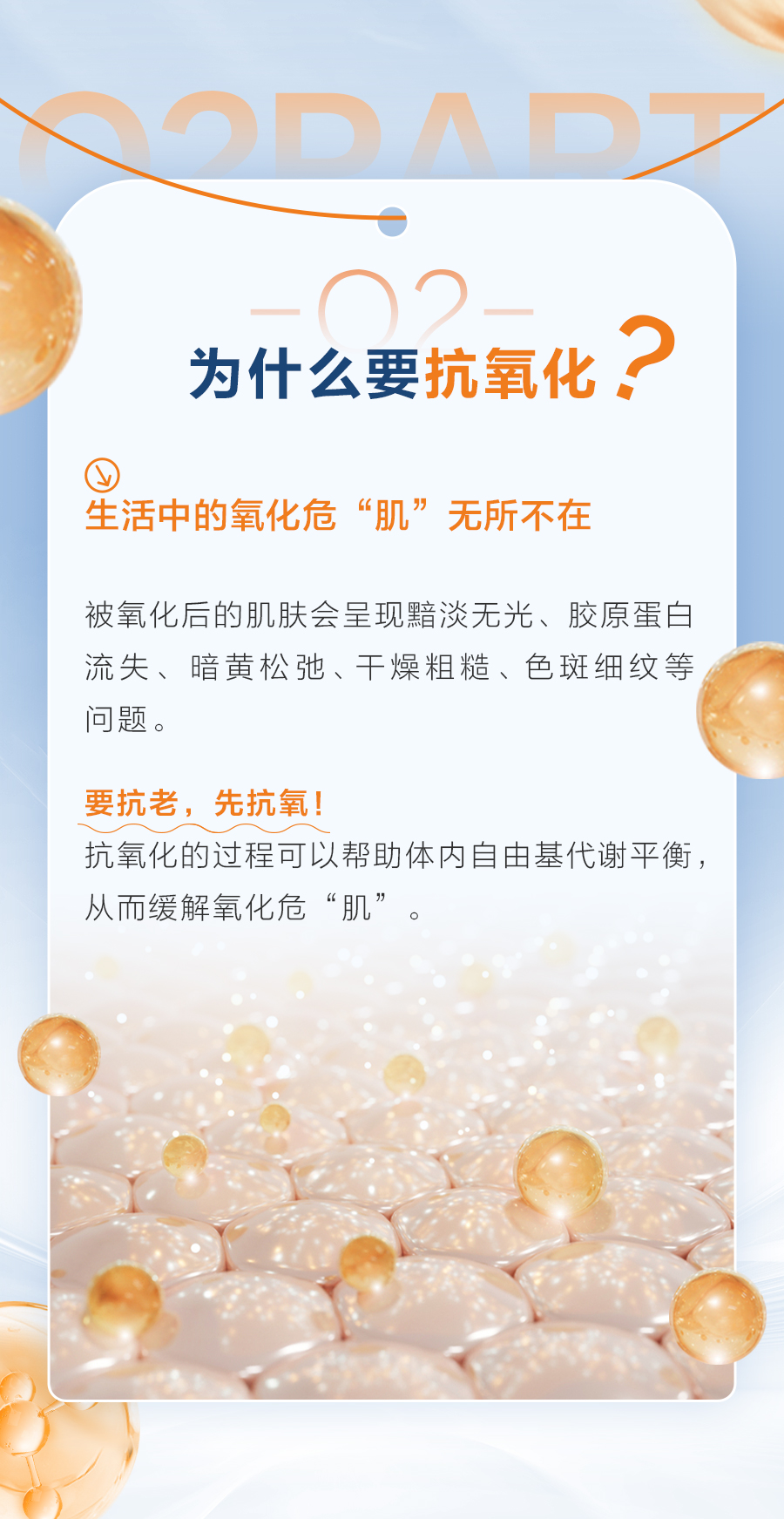 02 PART
 02 为什么要抗氧化？
 生活中的氧化危“肌”无所不在
 被氧化后的肌肤会呈现黯淡无光、胶原蛋白流失、暗黄松弛、干燥粗糙、色斑细纹等问题。
 要抗老，先抗氧！
 抗氧化的过程可以帮助体内自由基代谢平衡，从而缓解氧化危“肌”。
