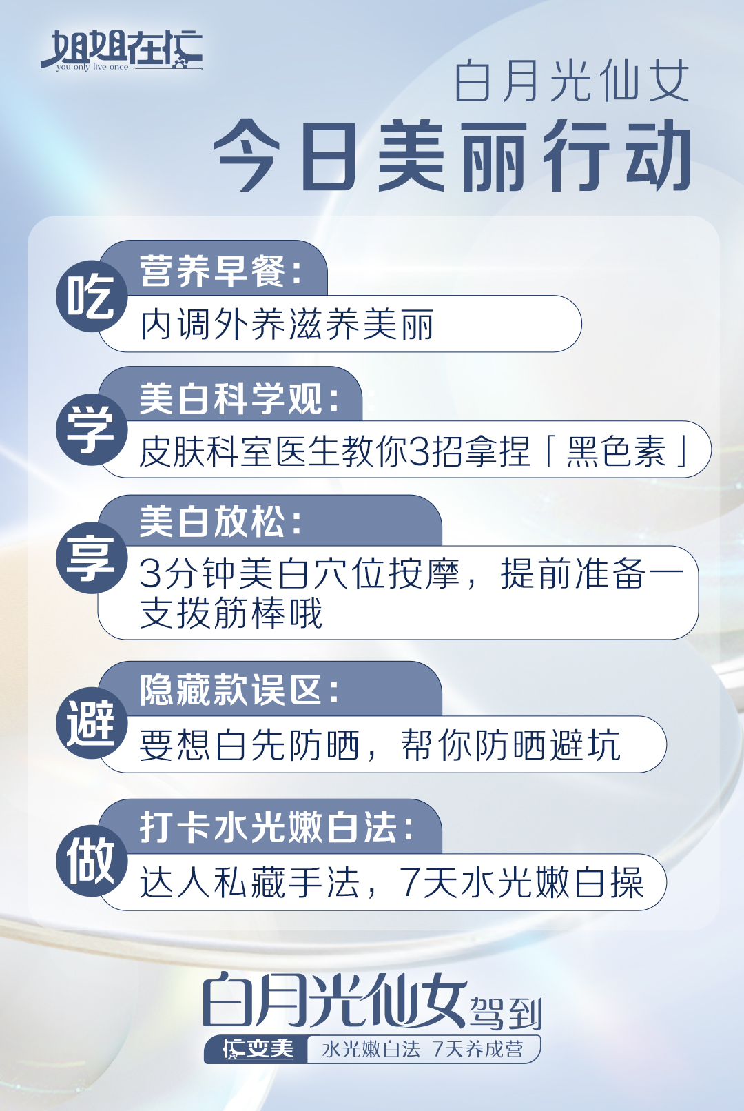 姐姐在忙 You only live once
 白月光仙女
 今日美丽行动
 吃 营养早餐：内调外养滋养美丽
 学 美白科学观：皮肤科室医生教你3招拿捏「黑色素」
 享 美白放松：3分钟美白穴位按摩，提前准备一支拔筋棒哦
 避 隐藏款误区：要想白先防晒，帮你防晒避坑
 做 打卡水光嫩白法：达人私藏手法，7天水光嫩白操
白月光仙女驾到
忙变美 水光嫩白法 7天养成营