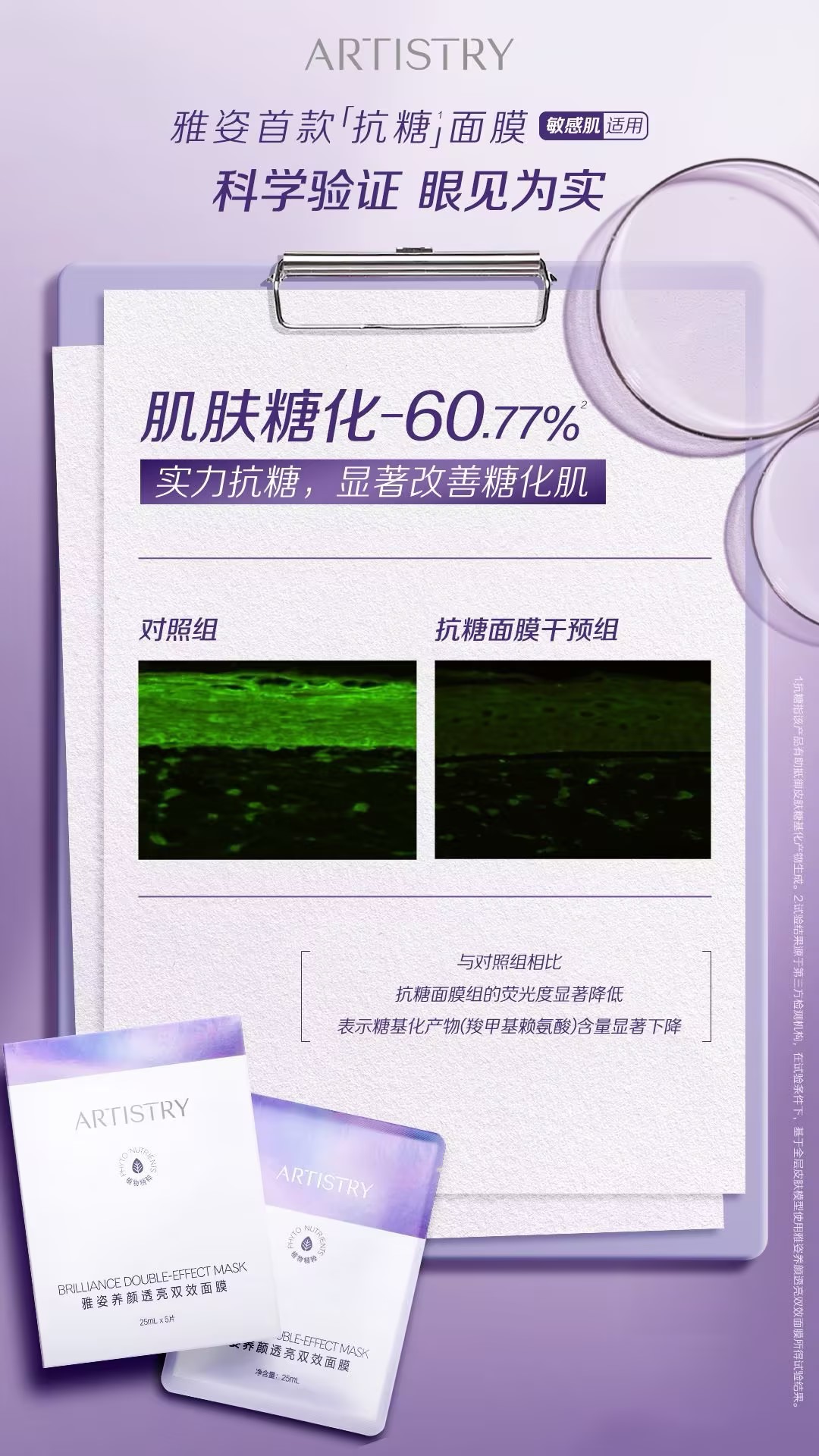 ARTISTRY
 雅姿首款「抗糖」面膜 敏感肌适用
 科学验证 眼见为实
 肌肤糖化-60.77%
 实力抗糖，显著改善糖化肌
 对照组
 抗糖面膜干预组
 与对照组相比
 抗糖面膜组的荧光度显著降低
 表示糖基化产物(羧甲基赖氨酸)含量显著下降
 ARTISTRY BRILLIANCE DOUBLE-EFFECT MASK
 雅姿养颜透亮双效面膜