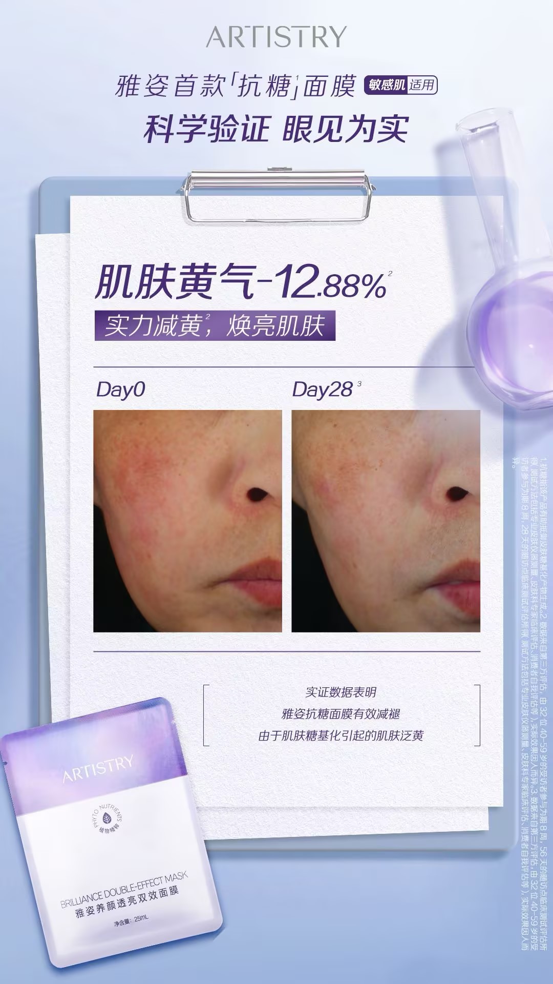 ARTISTRY
 雅姿首款「抗糖」面膜 敏感肌适用
 科学验证 眼见为实
 肌肤黄气-12.88%
 实力减黄，焕亮肌肤
 Day0
 Day28
 实证数据表明
 雅姿抗糖面膜有效减褪
 由于肌肤糖基化引起的肌肤泛黄
 
 ARTISTRY BRILLIANCE DOUBLE-EFFECT MASK
 雅姿养颜透亮双效面膜