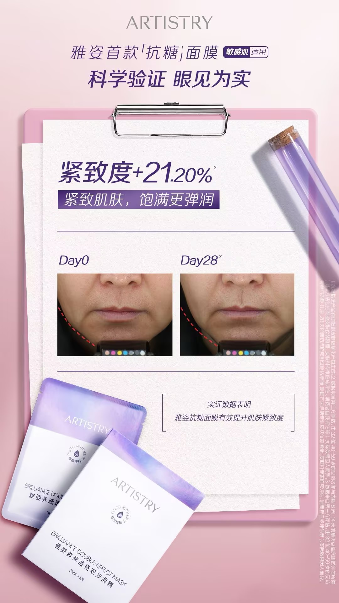 ARTISTRY
 雅姿首款「抗糖」面膜 敏感肌适用
 科学验证 眼见为实
 紧致度+21.20%
 紧致肌肤，饱满更弹润
 Day0
 Day28
 实证数据表明
 雅姿抗糖面膜有效提升肌肤紧致度
 雅姿养颜透亮双效面膜