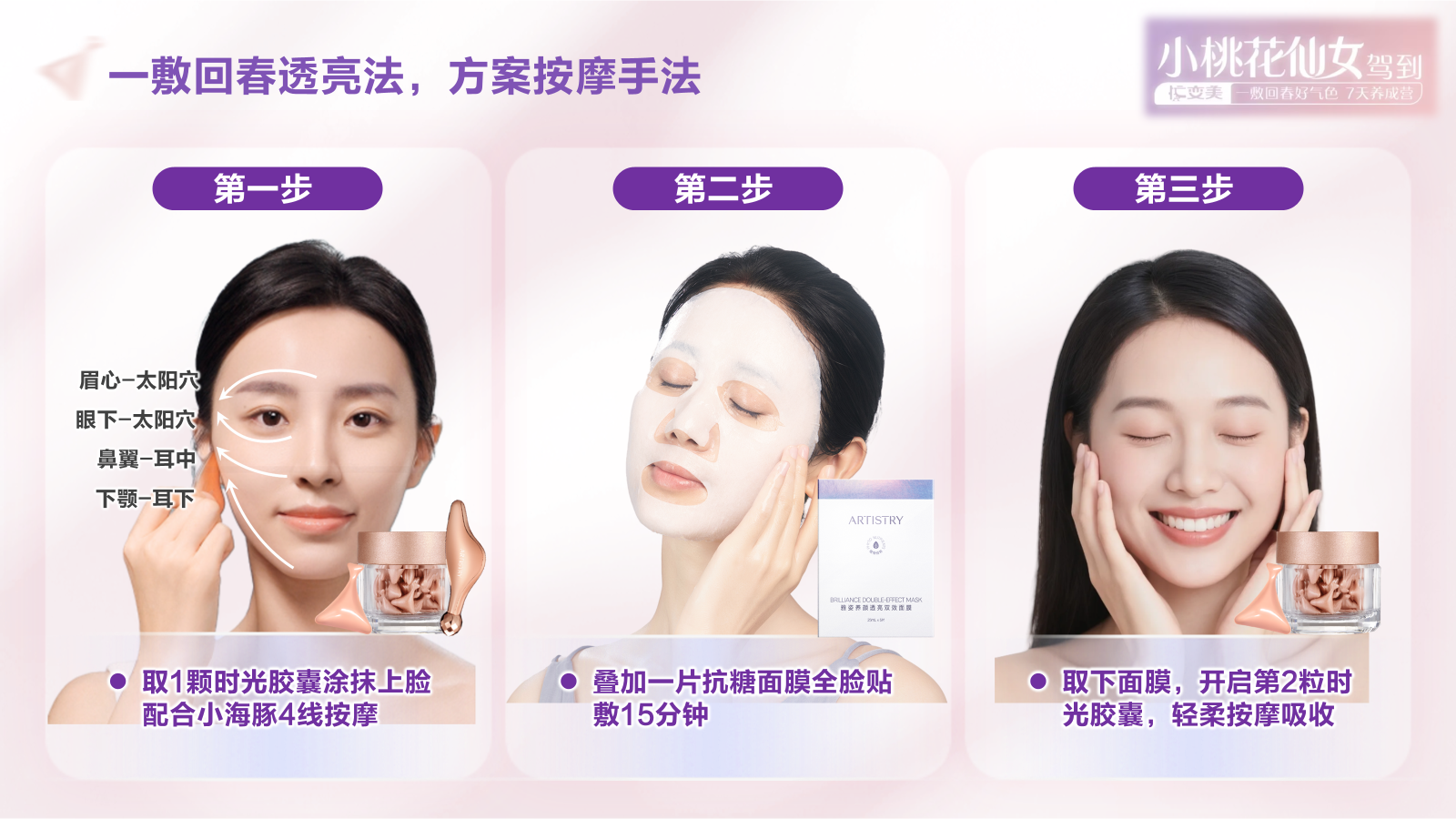 小桃花仙女驾到
忙变美 一敷回春好气色 7天养成营
 一敷回春透亮法，方案按摩手法
 第一步
 取1颗时光胶囊涂抹上脸
 配合小海豚4线按摩
 眉心-太阳穴
 眼下-太阳穴
 鼻翼-耳中
 下颚-耳下
 第二步
 叠加一片抗糖面膜全脸贴
 敷15分钟
 第三步
 取下面膜，开启第2粒时光胶囊，轻柔按摩吸收