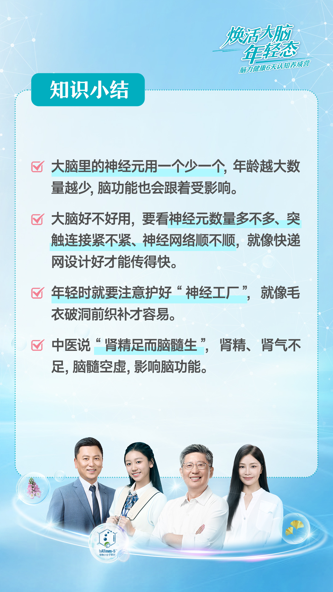 第4天-知识小结.jpg 焕活大脑年轻态
脑力健康6天认知养成营
知识小结
大脑里的神经元用一个少一个,年龄越大数量越少,脑功能也会跟着受影响。
大脑好不好用,要看神经元数量多不多、突触连接紧不紧、神经网络顺不顺,就像快递网设计好才能传得快。
年轻时就要注意护好“神经工厂”,就像毛衣破洞前织补才容易。
中医说“肾精足而脑髓生”,肾精、肾气不足,脑髓空虚,影响脑功能。