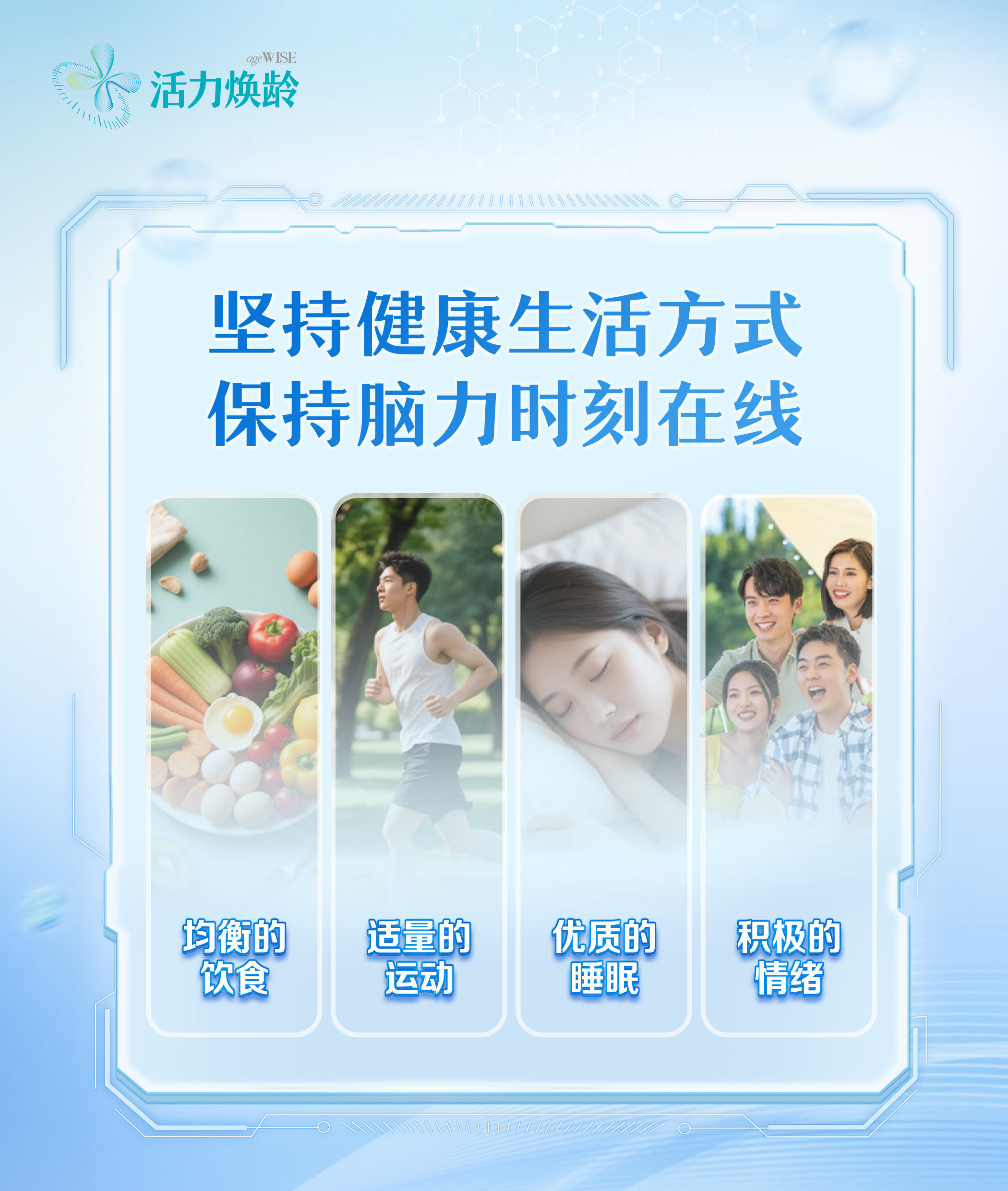 活力焕龄 ageWISE
 坚持健康生活方式 保持脑力时刻在线
 均衡的饮食
 适量的运动
 优质的睡眠
 积极的情绪