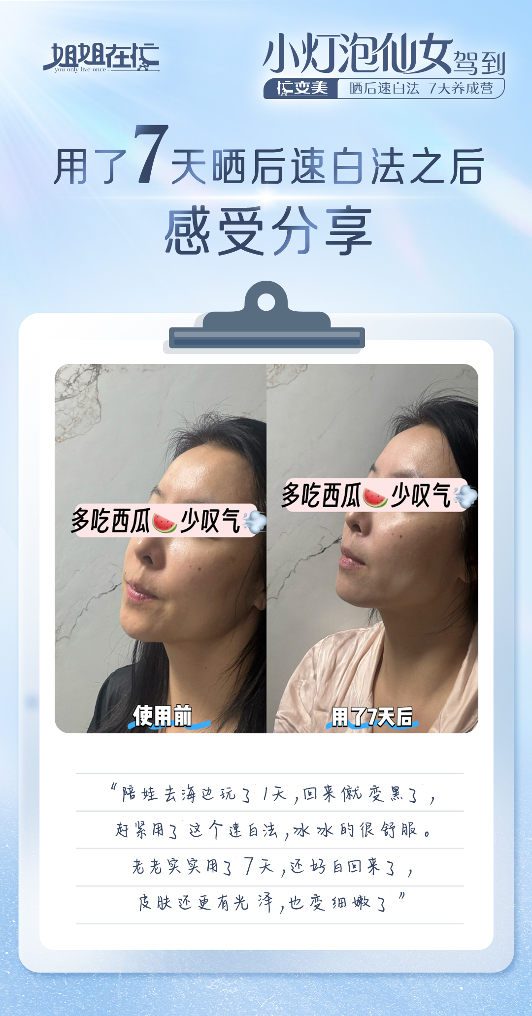 姐姐在忙 You only live once
 小灯泡仙女驾到
忙变美 晒后速白法 7天养成营
 用了7天晒后速白法之后感受分享
 多吃西瓜🍉少叹气💨
 使用前
 用了7天后
“陪娃去海边玩了1天，回来僦变黑了，赶紧用了这个速白法，水冰的很舒服。老老实实用了7天，还好白回来了，皮肤还更有光泽，也变细嫩了”