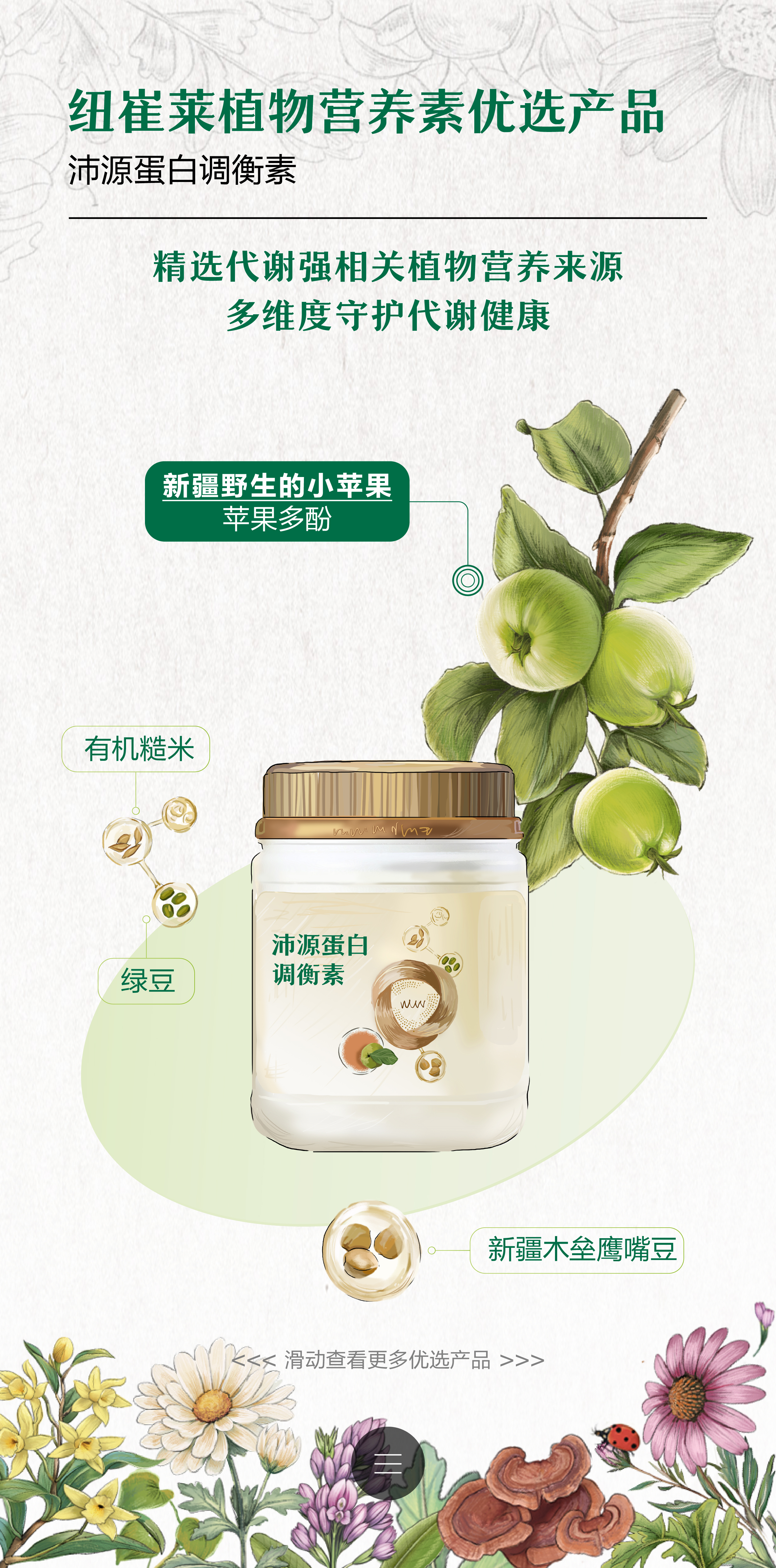 纽崔莱植物营养素优选产品
 沛源蛋白调衡素
 精选代谢强相关植物营养来源
 多维度守护代谢健康
 新疆野生的小苹果
 苹果多酚
 有机糙米
 绿豆
 新疆木垒鹰嘴豆