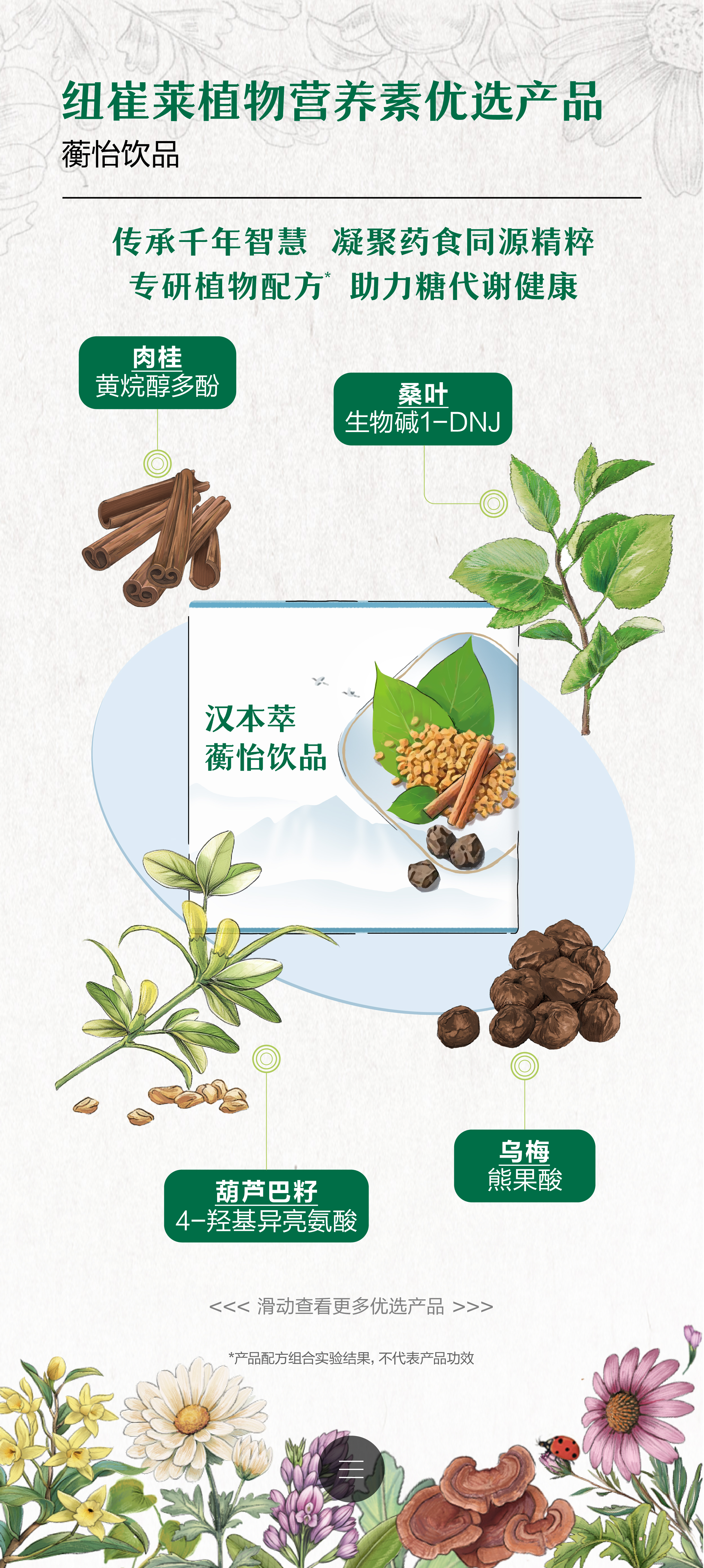 纽崔莱植物营养素优选产品
 蘅怡饮品
 传承千年智慧 凝聚药食同源精粹
 专研植物配方 助力糖代谢健康
 汉本萃蘅怡饮品
 肉桂 黄烷醇多酚
 桑叶 生物碱1-DNJ
 葫芦巴籽 4-羟基异亮氨酸
 乌梅 熊果酸