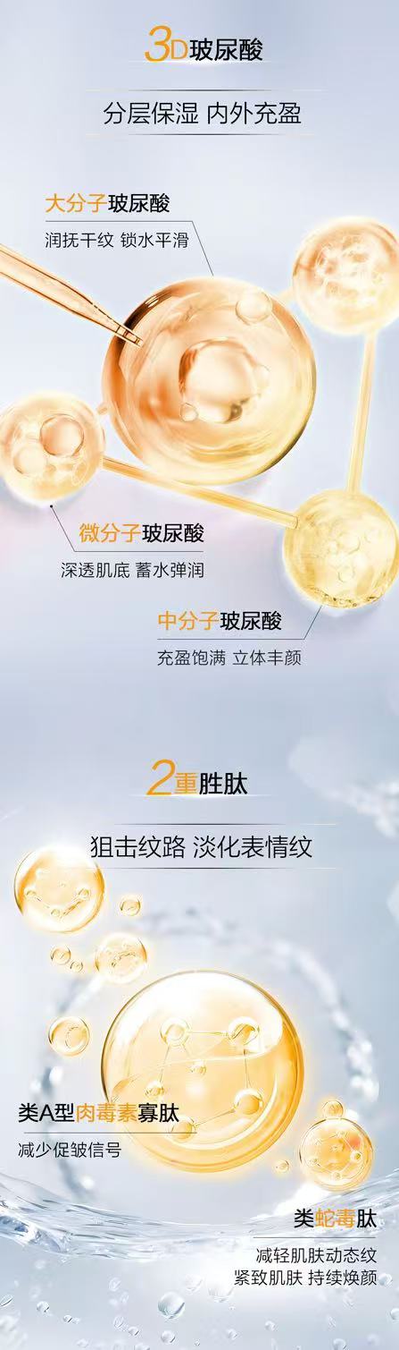 3D玻尿酸
分层保湿 内外充盈

大分子玻尿酸
润抚干纹 锁水平滑

微分子玻尿酸
深透肌底 蓄水弹润

中分子玻尿酸
充盈饱满 立体丰颜

2重胜肽
狙击纹路 淡化表情纹

类A型肉毒素寡肽
减少促皱信号

类蛇毒肽
减轻肌肤动态纹
紧致肌肤 持续焕颜