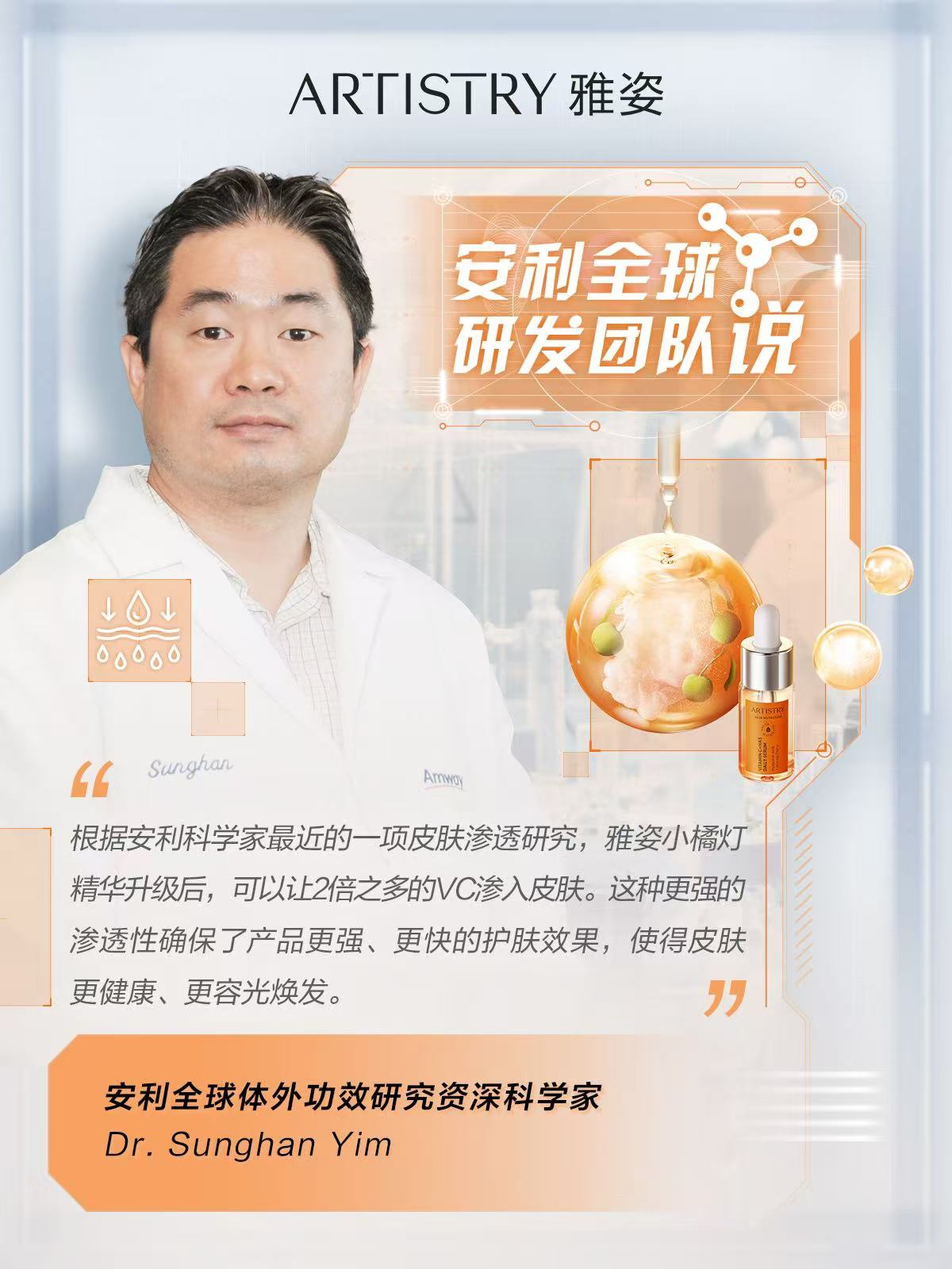 ARTISTRY 雅姿
 安利全球研发团队说
 “根据安利科学家最近的一项皮肤渗透研究，雅姿小橘灯精华升级后，可以让2倍之多的VC渗入皮肤。这种更强的渗透性确保了产品更强、更快的护肤效果，使得皮肤更健康、更容光焕发。”
 安利全球体外功效研究资深科学家 Dr. Sunghan Yim