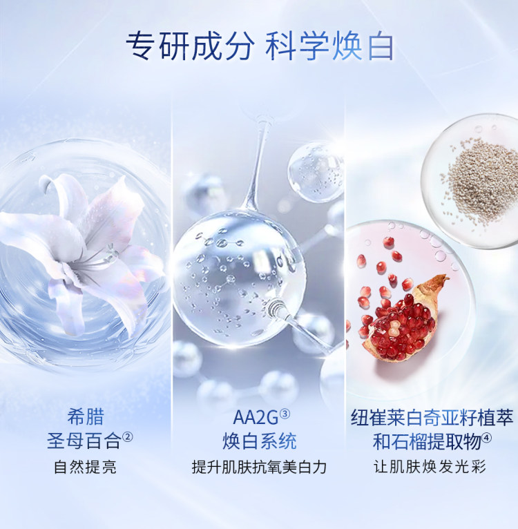 第六天 - 图3 –焕白乳霜成分图.jpg 专研成分 科学焕白
希腊圣母百合 自然提亮
AA2G焕白系统 提升肌肤抗氧化美白力
纽崔莱白奇亚籽植萃和石榴提取物 让肌肤焕发光彩