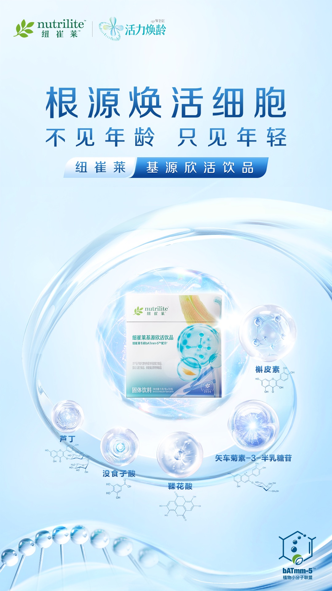 nutrilite 纽崔莱
 活力焕龄 ageWISE
 根源焕活细胞 不见年龄 只见年轻
 纽崔莱 基源欣活饮品
 芦丁
 没食子酸
 鞣花酸
 矢车菊素-3-半乳糖苷
 槲皮素
 bATmm-5植物小分子联盟