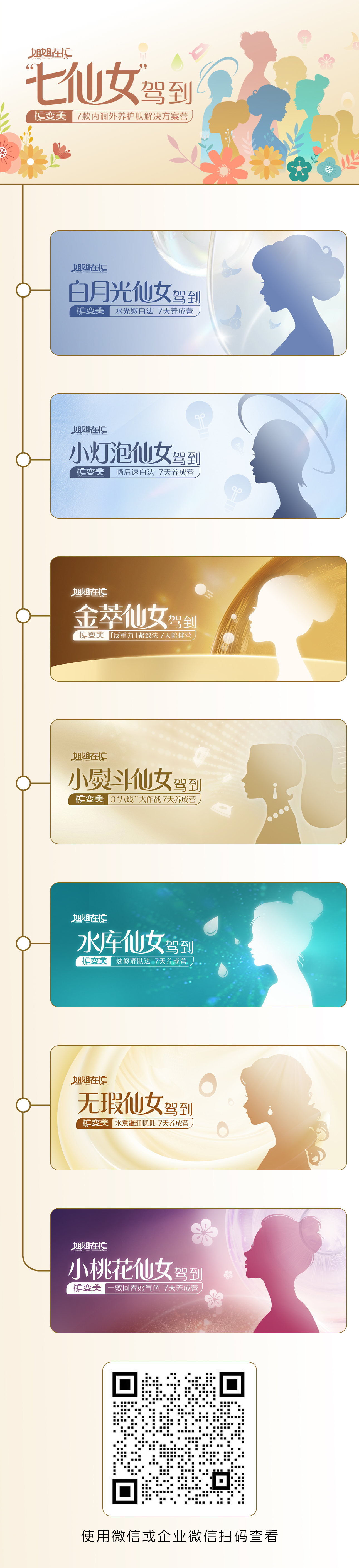 姐姐在忙 You only live once
 "七仙女"驾到
忙变美 7款内调外养护肤解决方案营
 姐姐在忙 You only live once 白月光仙女驾到 忙变美 水光嫩白法 7天养成营
 姐姐在忙 You only live once 小灯泡仙女驾到 忙变美 晒后速白法 7天养成营
 姐姐在忙 You only live once 金萃仙女驾到 忙变美 「反重力」紧致法 7天陪伴营
 姐姐在忙 You only live once 小熨斗仙女驾到 忙变美 3“八线”大作战 7天养成营
 姐姐在忙 You only live once 水库仙女驾到 忙变美 速修灌肤法 7天养成营
 姐姐在忙 You only live once 无瑕仙女驾到 忙变美 水煮蛋细腻肌 7天养成营
 姐姐在忙 You only live once 小桃花仙女驾到 忙变美 一敷回春好气色 7天养成营
 使用微信或企业微信扫码查看