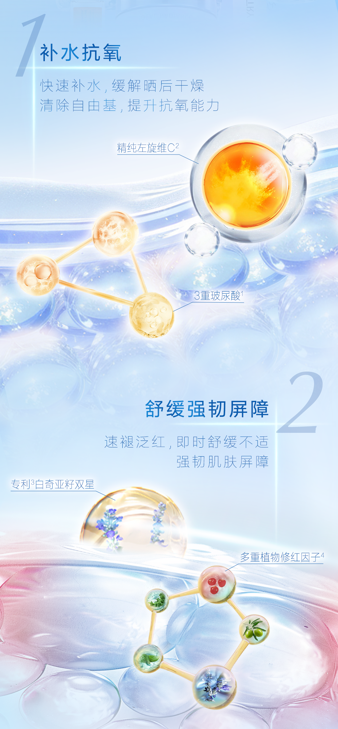 1
 补水抗氧
 快速补水,缓解晒后干燥
 清除自由基,提升抗氧化能力
 精纯左旋维C²
 3重玻尿酸1
 2
 舒缓强韧屏障
 速褪泛红,即时舒缓不适
 强韧肌肤屏障
 专利3白奇亚籽双星
 多重植物修红因子4