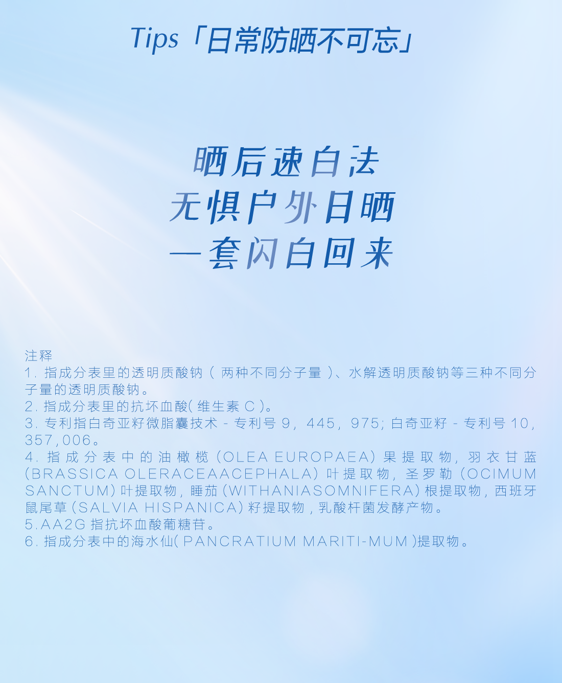 Tips「日常防晒不可忘」
 晒后速白法
 无惧户外日晒
 一套闪白回来
 注释
 指成分表里的透明质酸钠 (两种不同分子量)、水解透明质酸钠等三种不同分子量的透明质酸钠。
 指成分表里的抗坏血酸(维生素 C)。
 专利指白奇亚籽微脂囊技术 - 专利号 9, 445, 975; 白奇亚籽 - 专利号 10, 357, 006。
 指成分表中的油橄榄 (OLEA EUROPAEA) 果提取物, 羽衣甘蓝 (BRASSICA OLERACEAACEPHALA)
叶提取物, 圣罗勒 (OCIMUM SANCTUM) 叶提取物, 睡茄 (WITHANIASOMNIFERA) 根提取物, 西班牙鼠尾草
 (SALVIA HISPANICA) 籽提取物, 乳酸杆菌发酵产物。
 AA2G 指抗坏血酸葡糖苷。
 指成分表中的海水仙 (PANCRATIUM MARITI-MUM) 提取物。