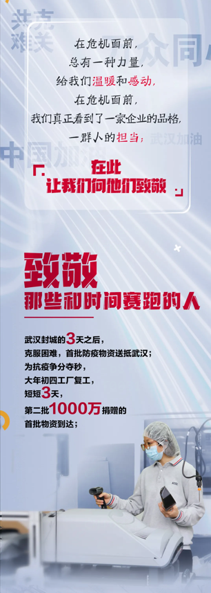 在危机面前,
 总有一种力量,
 给我们温暖和感动。
 在危机面前,
 我们真正看到了一家企业的品格。
 一群人的担当
 在此
 让我们向他们致敬
 致敬
 那些和时间赛跑的人
 武汉封城的3天之后,
 克服困难,首批防疫物资送抵武汉;
 为抗疫争分夺秒,
 大年初四工厂复工,
 短短3天,
 第二批1000万捐赠的
 首批物资到达;