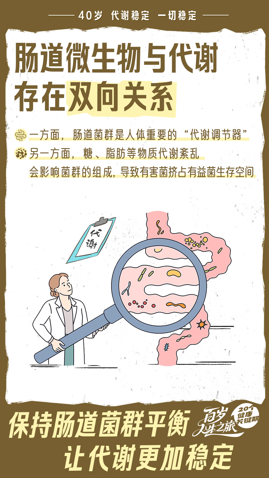 40岁 代谢稳定 一切稳定
肠道微生物与代谢
存在双向关系
一方面，肠道菌群是人体重要的“代谢调节器”
另一方面，糖、脂肪等物质代谢紊乱
会影响菌群的组成，导致有害菌挤占有益菌生存空间
保持肠道菌群平衡
让代谢更加稳定
20个健康关键期
百岁人生之旅