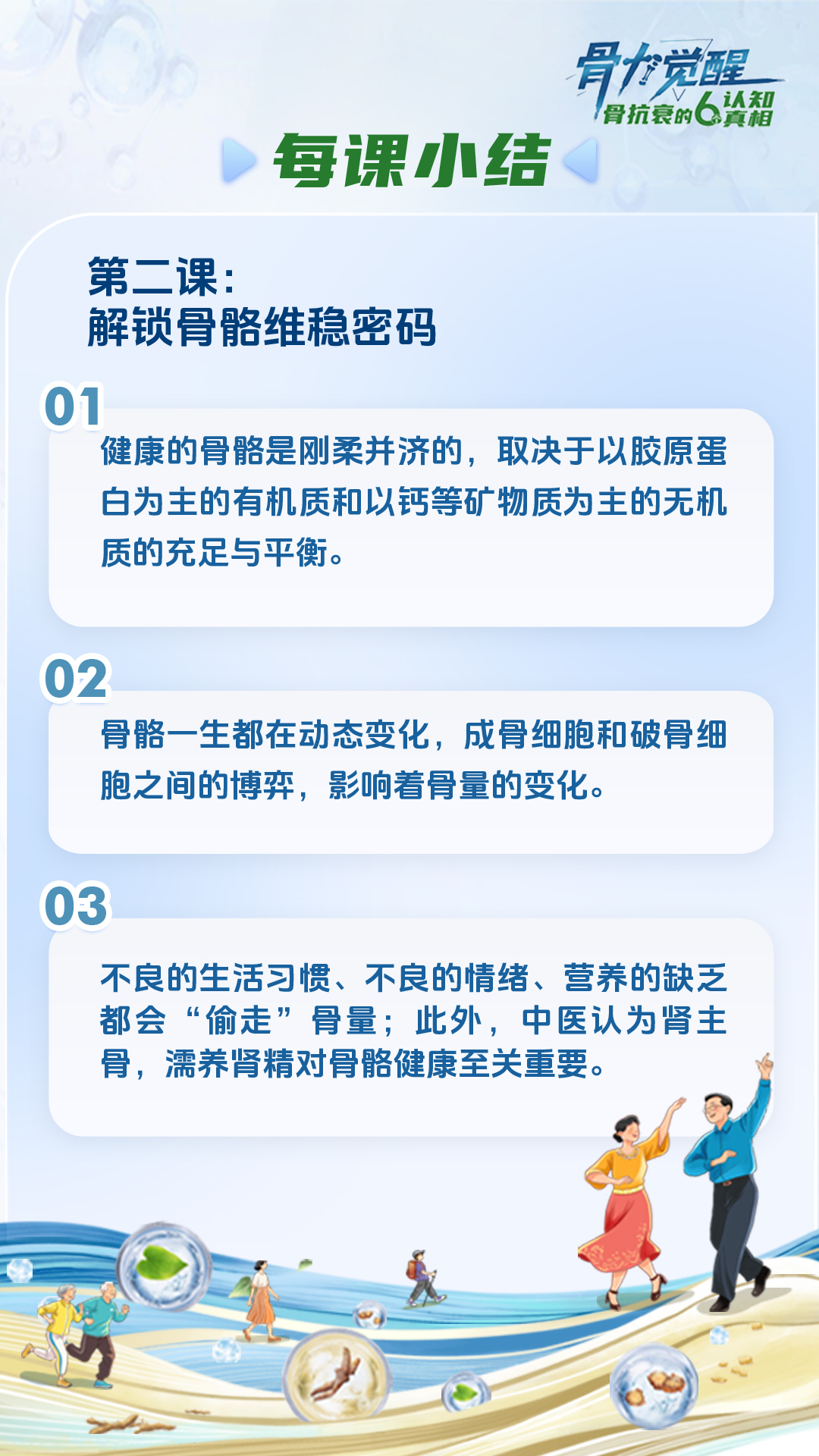骨力觉醒 骨抗衰的6个认知真相
 每课小结
 第二课：解锁骨骼维稳密码
 01
 健康的骨骼是刚柔并济的，取决于以胶原蛋白为主的有机质和以钙等矿物质为主的无机质的充足与平衡。
 02
 骨骼一生都在动态变化，成骨细胞和破骨细胞之间的博奔，影响着骨量的变化。
 03
 不良的生活习惯、不良的情绪、营养的缺乏都会“偷走”骨量；此外，中医认为肾主骨，需养肾精对骨骼健康至关重要。
