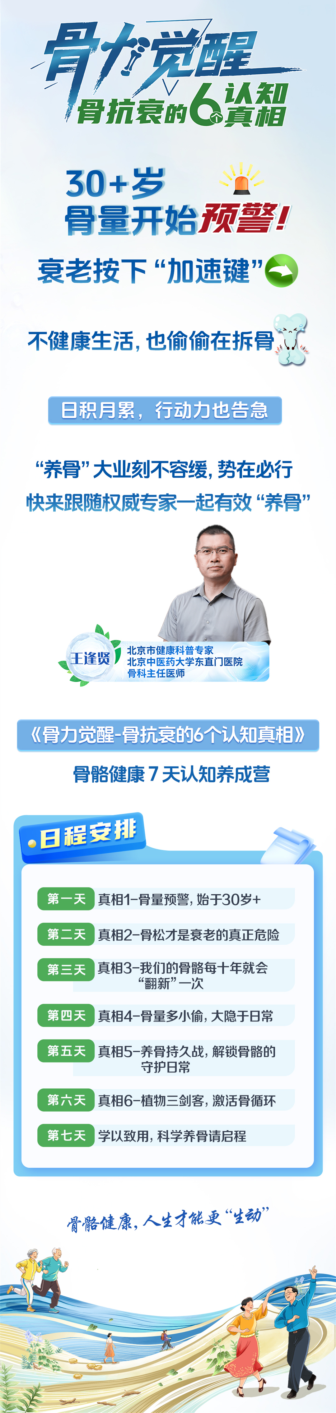 骨力觉醒
 认知
 骨抗衰的6个认知真相
 30+岁骨量开始预警！
 衰老按下“加速键”
 不健康生活,也偷偷在拆骨，
 日积月累，行动力也告急
 “养骨”大业刻不容缓，势在必行
 快来跟随权威专家一起有效“养骨”
 王逢贤北京中医药大学东直门医院 骨科主任医师 北京市健康科普专家
 
 《骨力觉醒-骨抗衰的6个认知真相》
 骨骼健康7天认知养成营
 ·日程安排
 第一天真相1-骨量预警,始于30岁+
 第二天真相2-骨松才是衰老的真正危险
 第三天真相3-我们的骨骼每十年就会 “翻新”一次
  第四天真相4-骨量多小偷，大隐于日常
 第五天真相5-养骨持久战，解锁骨骼的守护日常
 第六天真相6-植物三剑客，激活骨循环
 第七天学以致用，科学养骨请启程
 骨骼健康,人生才能更“生动”