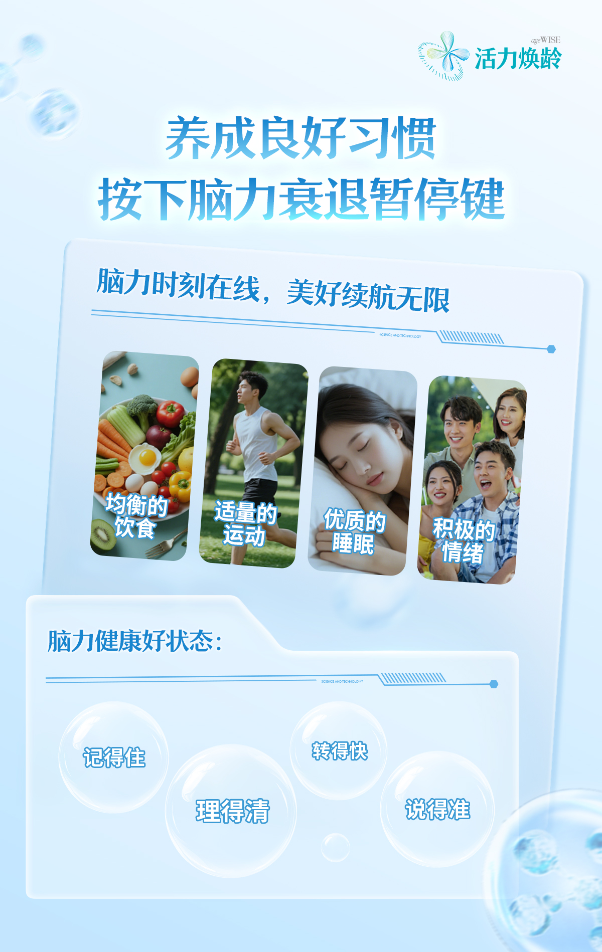 ageWISE活力焕龄
 
 养成良好习惯，按下脑力衰退暂停键
 
 脑力时刻在线，美好续航无限
 
 均衡的饮食
 适量的运动
 优质的睡眠
 积极的情绪
脑力健康好状态：
 转得快
 记得住
 理得清
 说得准