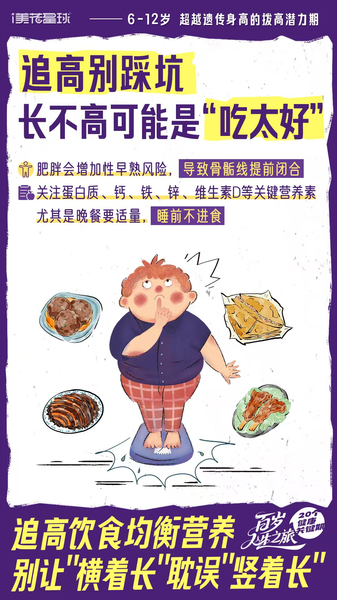 美花星球  6-12岁超越遗传身高的拔高潜力期

 追高别踩坑长不高可能是“吃太好
 肥胖会增加性早熟风险,导致骨骺线提前闭合
 关注蛋白质、钙、铁、锌、维生素D等关键营养素
 尤其是晚餐要适量，睡前不进食
 
 追高饮食均衡营养，别让“横着长耽误"竖着长”
 健康
 20个健康关键期
 百岁人生之旅