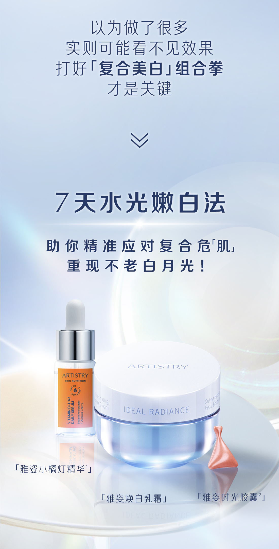 以为做了很多
 实则可能看不见效果
 打好「复合美白」组合拳
 才是关键
 7天水光嫩白法
 助你精准应对复合危肌
 重现不老白月光！
 ARTISTRY
 ARTISTRY
 IDEAL RADIANCE
 「雅姿小橘灯精华］]
 「雅姿焕白乳霜』
 「雅姿时光胶囊²]