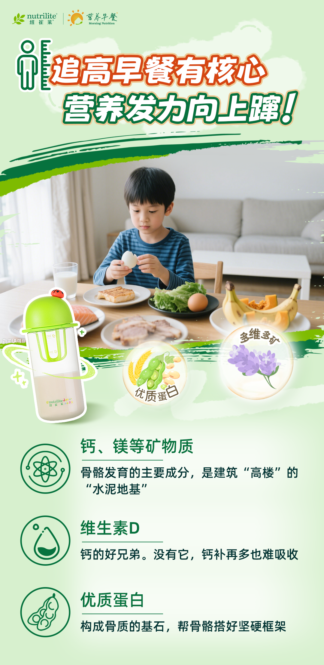 nutrilite
纽崔莱
营养早餐
Morning Nutrition
追高早餐有核心
营养发力向上蹿！
优质蛋白
多维多矿
钙、镁等矿物质
骨骼发育的主要成分，是建筑“高楼”的“水泥地基”
维生素D
钙的好兄弟。没有它，钙补再多也难吸收
优质蛋白
构成骨质的基石，帮骨骼搭好坚硬框架